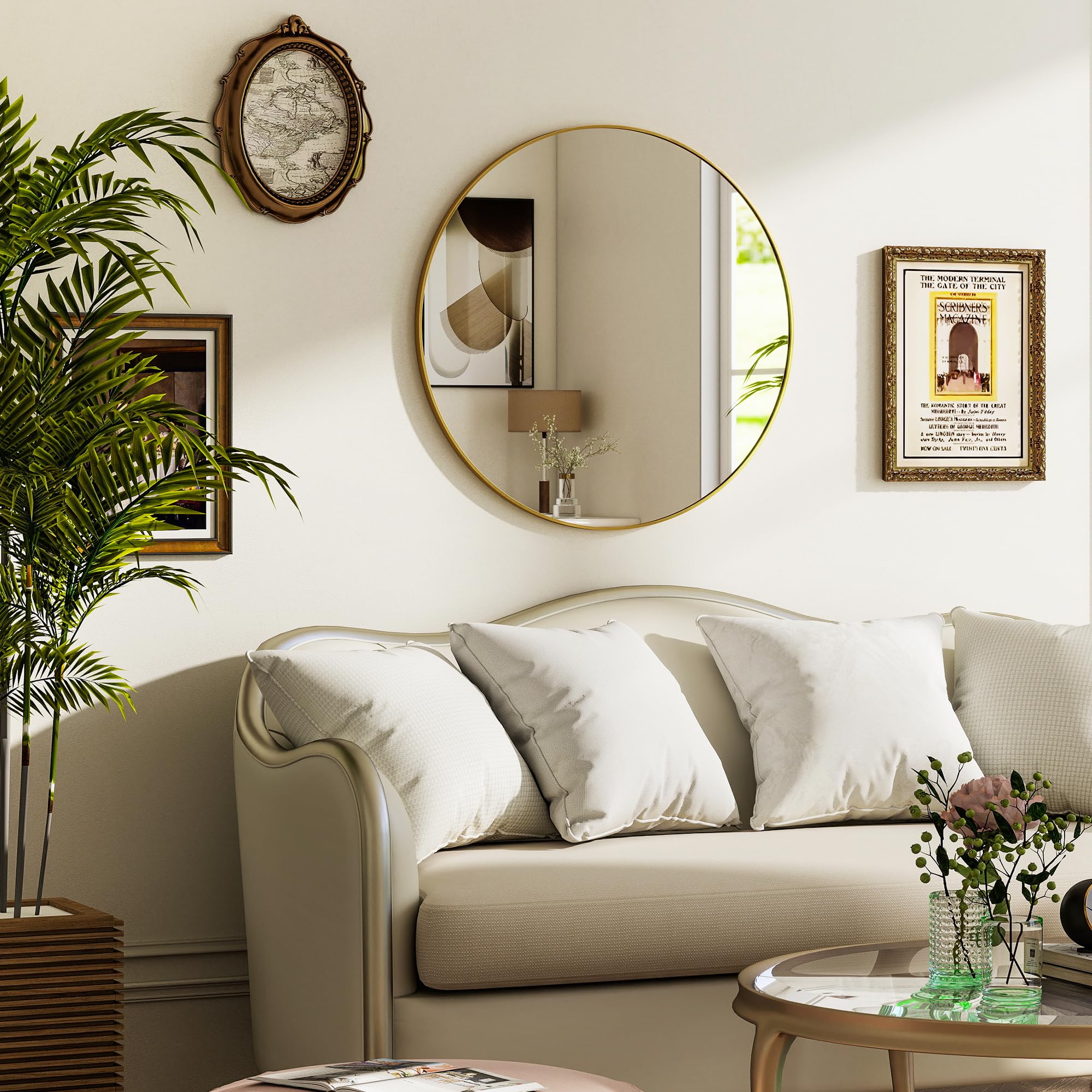 Koonmi 40x40cm Round Wall Mirror, Circle Mirror with Aluminum Alloy Frame and Tempered Glass, Suitable for Bathroom, Bedroom, Hallway, Gold