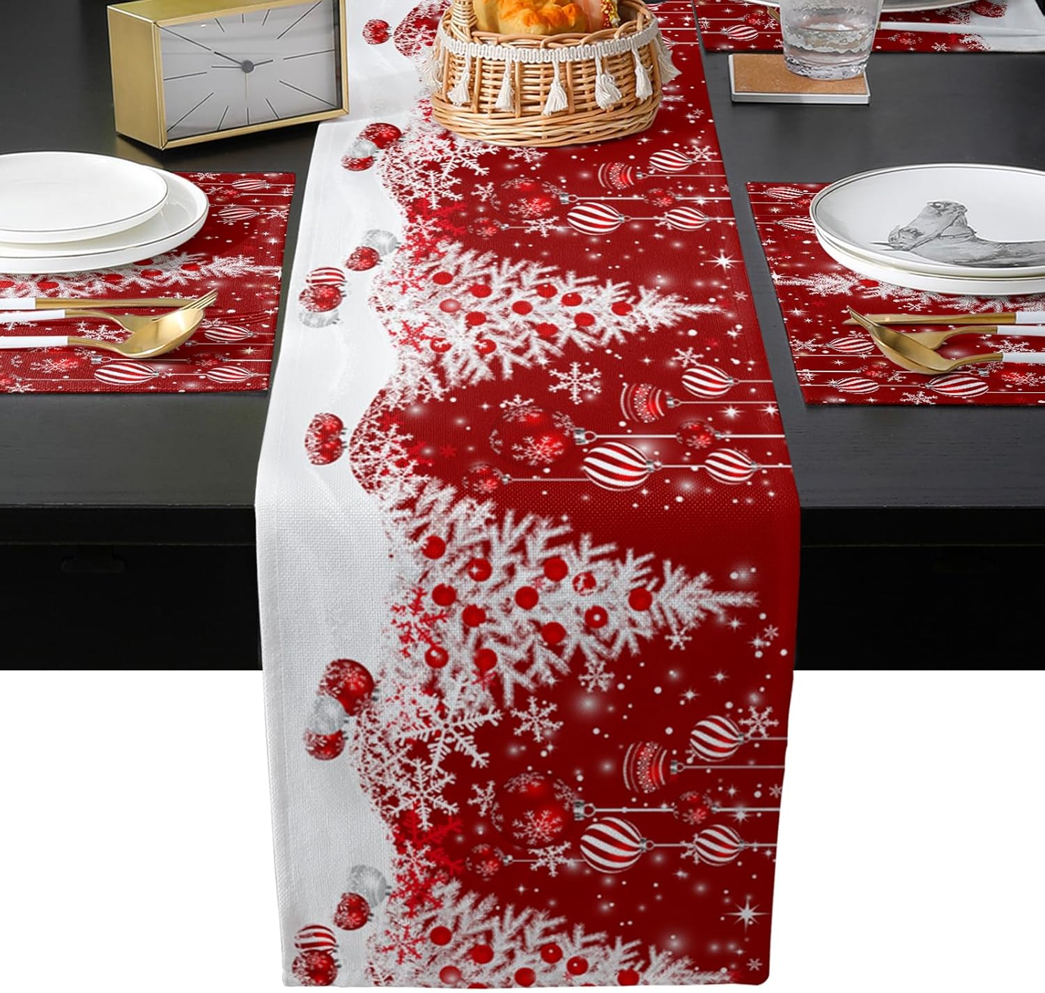 Table Runner with Placemats Set of 6, Christmas Tree Red Xmas Balls Winter Snowflake Cotton Linen Table Mats Sets, Placemats with Matching Table Runner for Dining Table, Kitchen, 90” x 13”