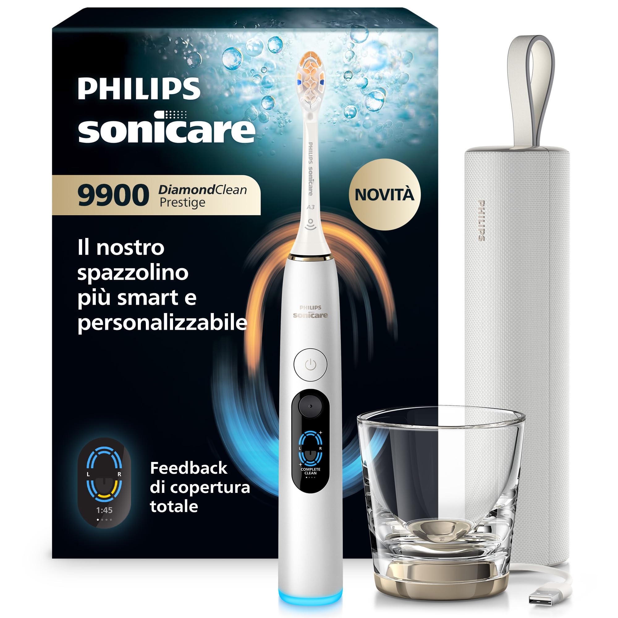 Philips Sonicare Next-Generation DiamondClean 9900 Prestige Spazzolino elettrico - con SenseIQ, Feedback di copertura totale, Feedback di pressione, 24 impostazioni, bianco argento, HX9813/91