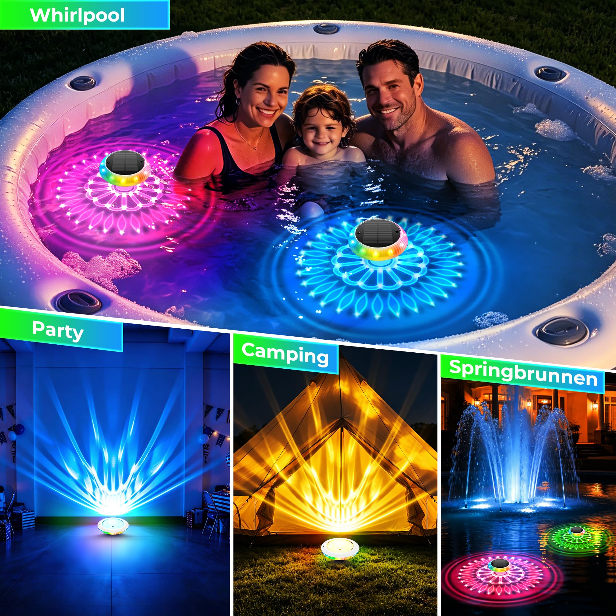 Schwimmende Poolbeleuchtung Solar mit Fernbedienung – 16,3 cm, 2-in-1 Doppellicht (57 Modi), Timer, IP67 wasserdicht – für Pool, Whirlpool, Gartenteich, Aufblaspool (1 Stück)