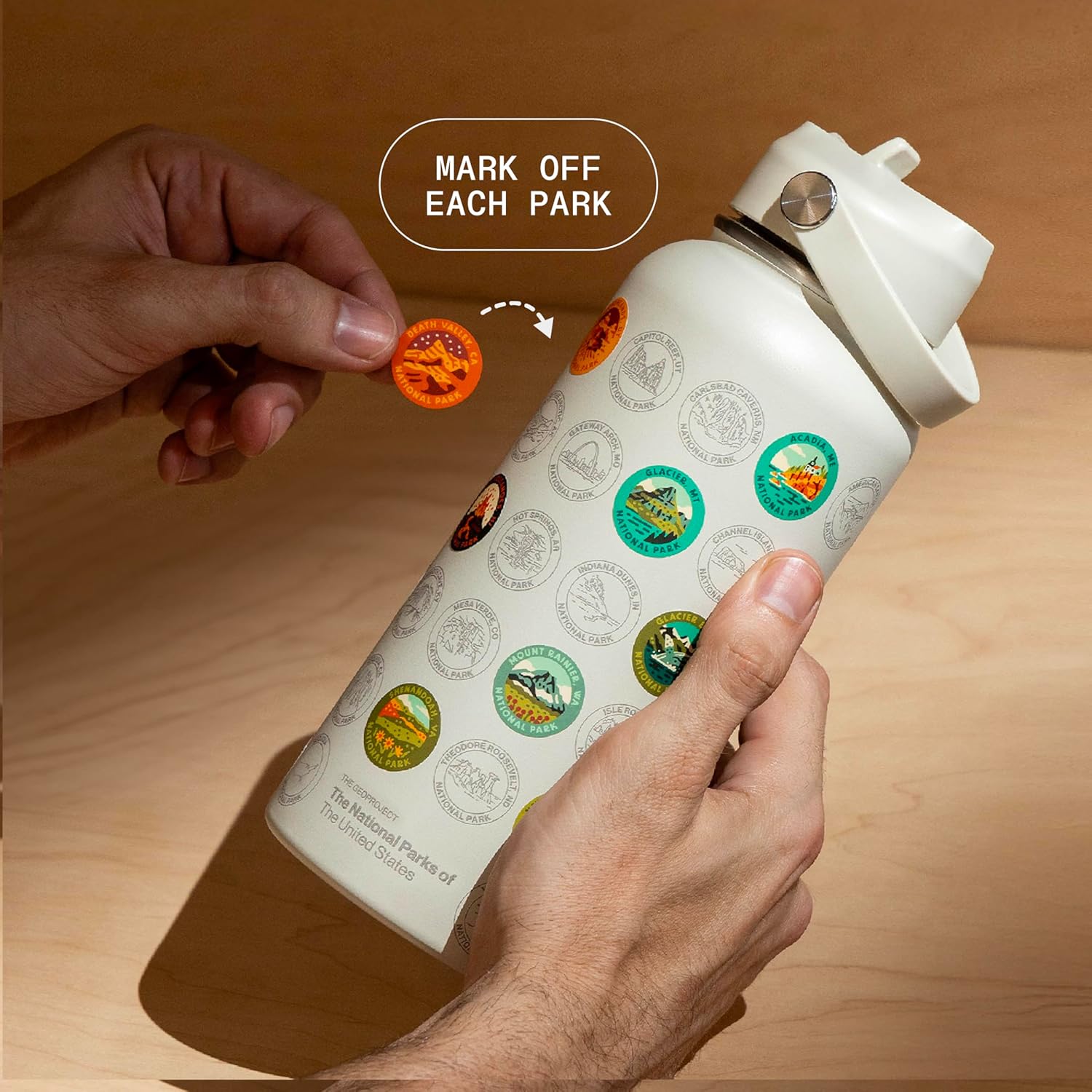 THE GEOPROJECT National Parks Water Bottle with Stickers Kit, Erikas Chesonis Collaboration, Adventure Flask with Straw, Waterproof Stickers for Water Bottle, Insulated Stainless Steel 32oz (Tan)