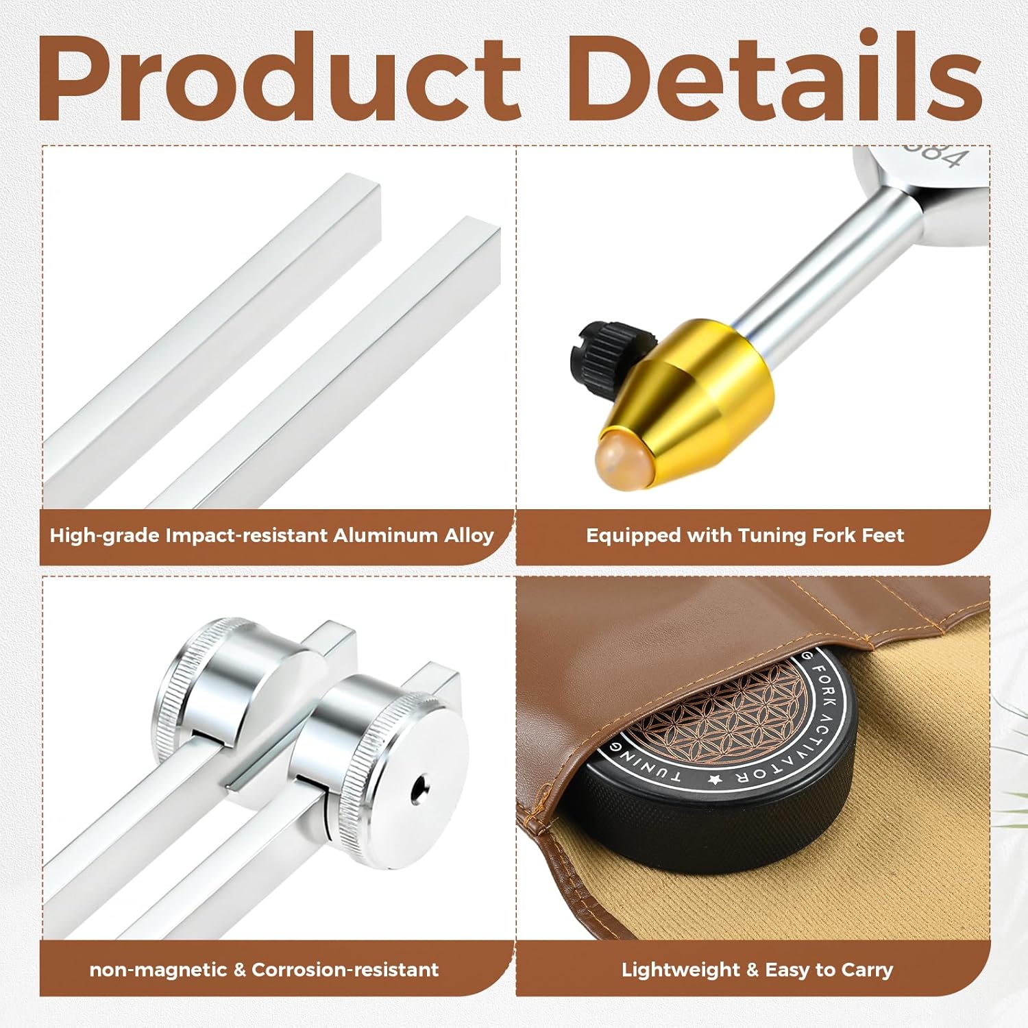 Resonance Tuning Forks Set 128Hz, 136.1Hz, 256Hz, 384Hz Aluminum Alloy, Weighted & Unweighted Tuning Forks kit with Hockey Puck Activator & feet for Chakra, Yoga, and Meditation(Brown Bag)