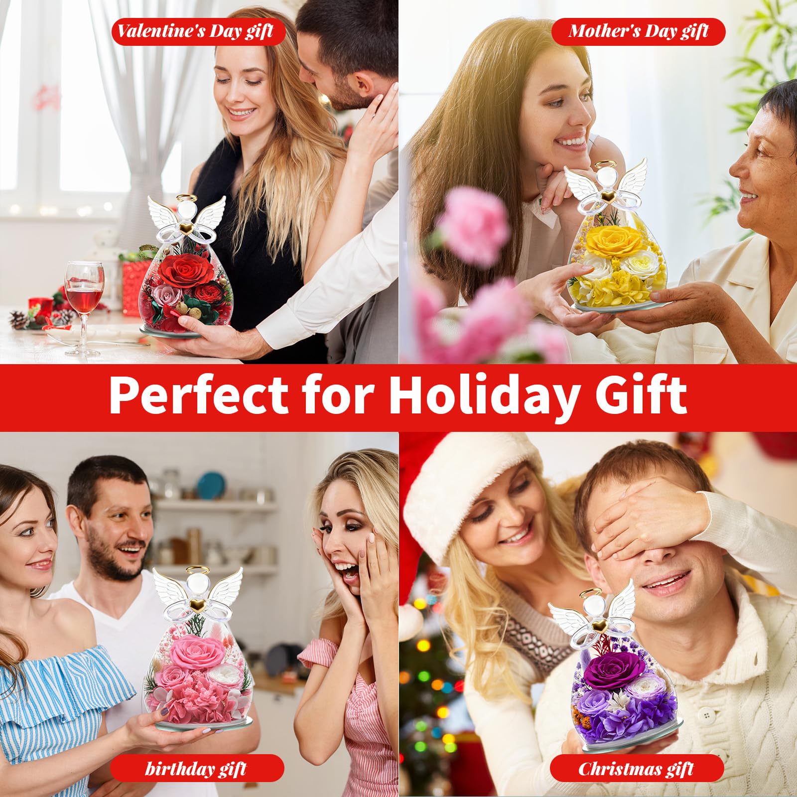 Figurine d'ange éternelle - Cadeau pour femme, maman, épouse - Anniversaire, Noël - Fleur éternelle avec éclairage LED (rouge et rose)