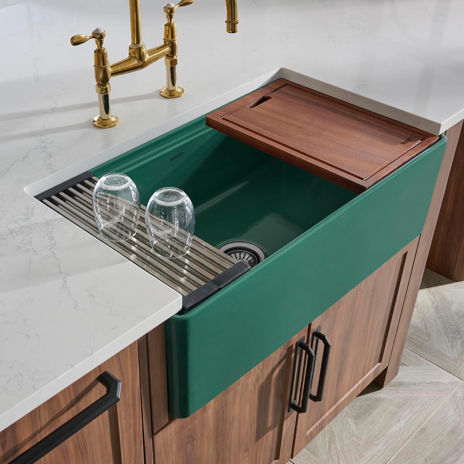 Ruvati 33 inch Fireclay Workstation Emerald Green Farmhouse Kitchen Sink Apron Front Single Bowl - RVL2387EG