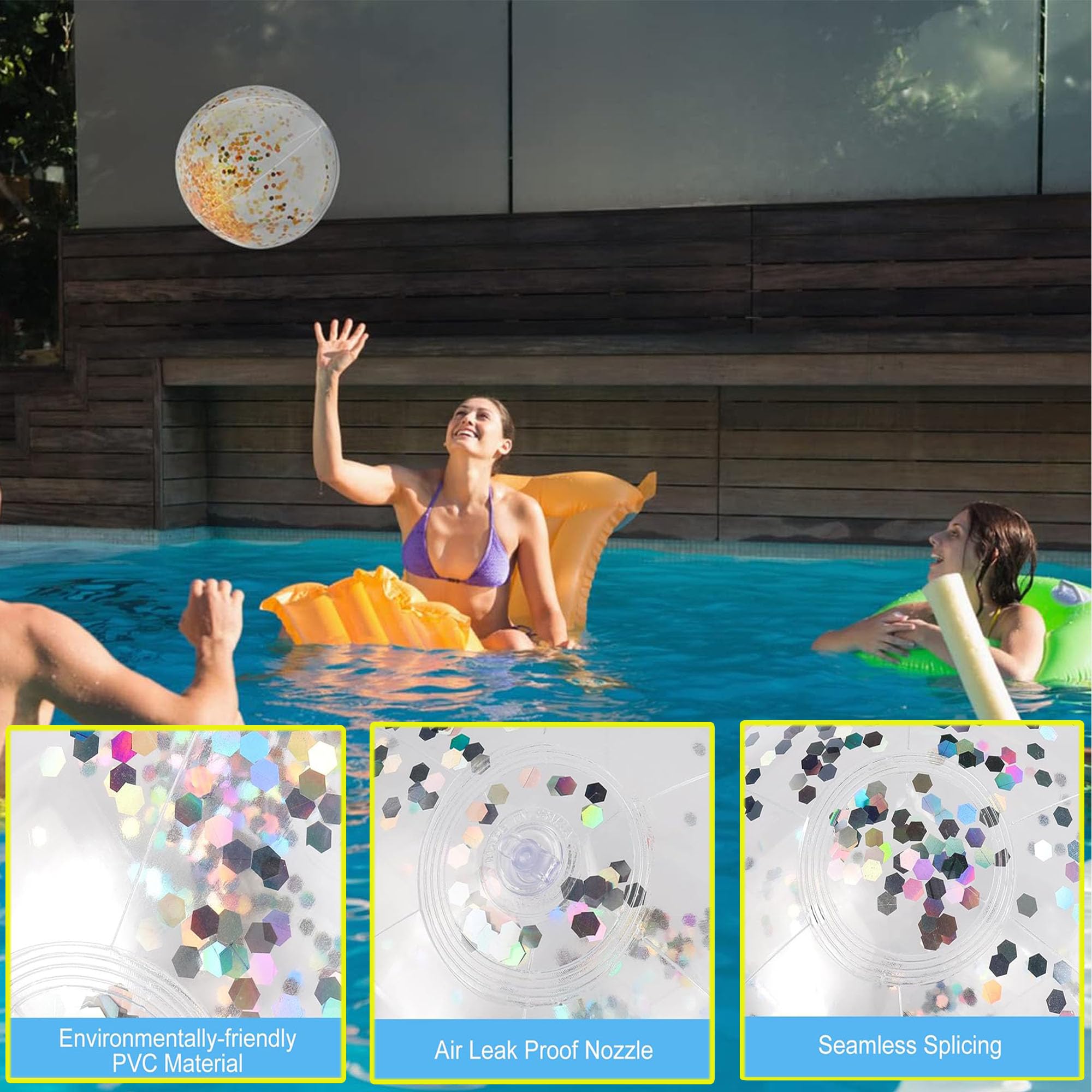 7 Pièces Ballon Gonflable Glitter Ballon De Plage Inflatable Beach Ball Transparent De Rebond Résistant à La Déchirure, Ballon Piscine Flottant pour Les Vacances, La Piscine, Les Fêtes