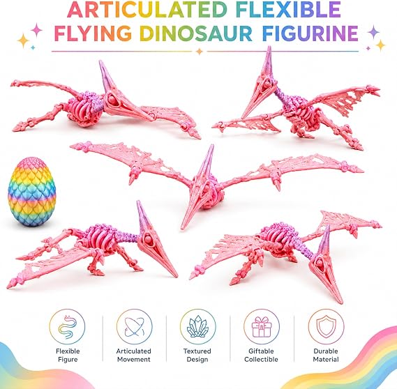 3D Printed Pterodactyl Skeleton Figure – Articulated Flying Dinosaur Toy with Movable Wings – Poseable Pterosaur Model with Dragon Egg, Prehistoric Reptile Collectible for Kids & Adults - Rainbow