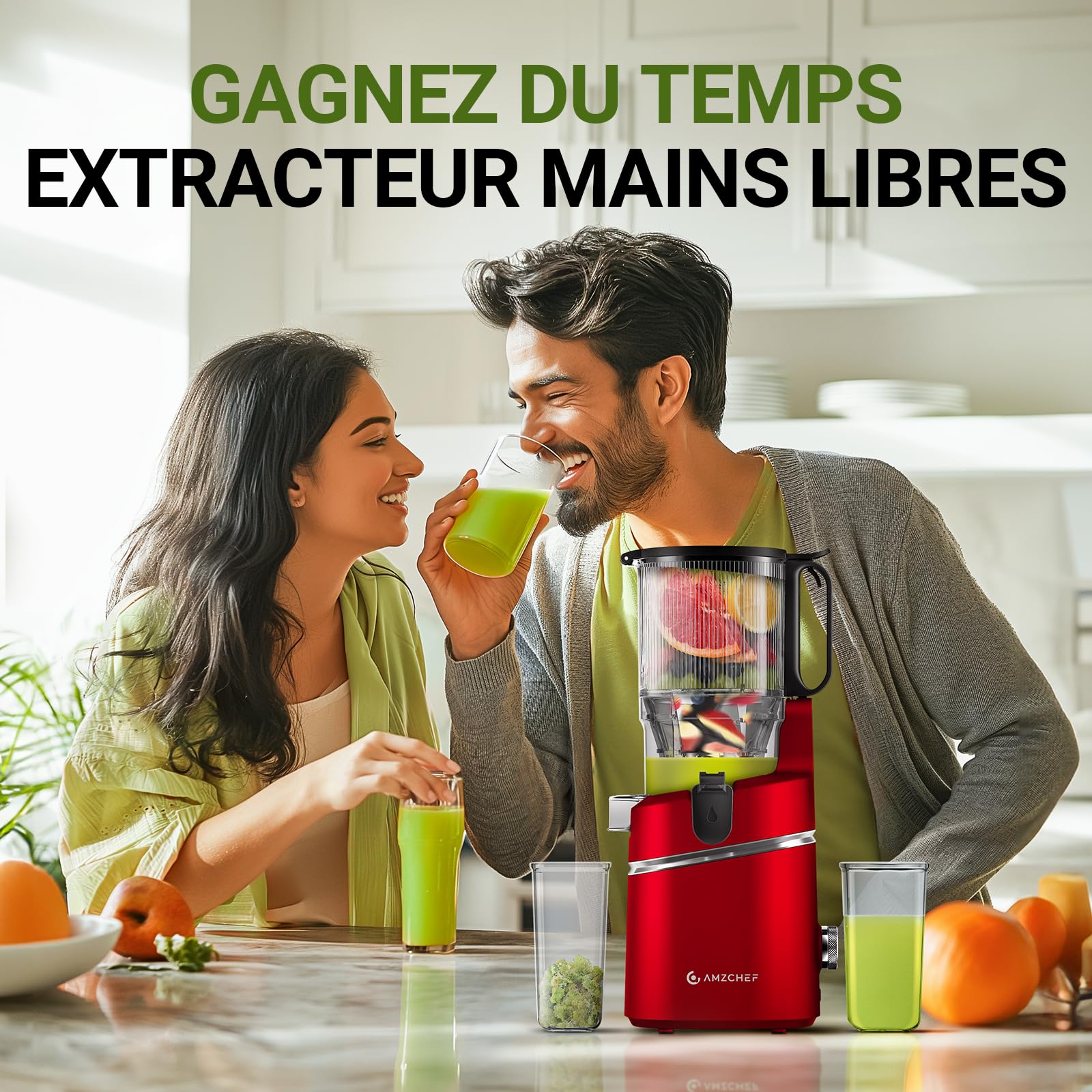 AMZCHEF Extracteur de jus automatique Vos mains libres, Ouverture de 135 mm et capacité de 1,8 L Extracteur de jus de fruits et légumes entiers, Extracteur jus lent de 250W avec triple filtre - Rouge