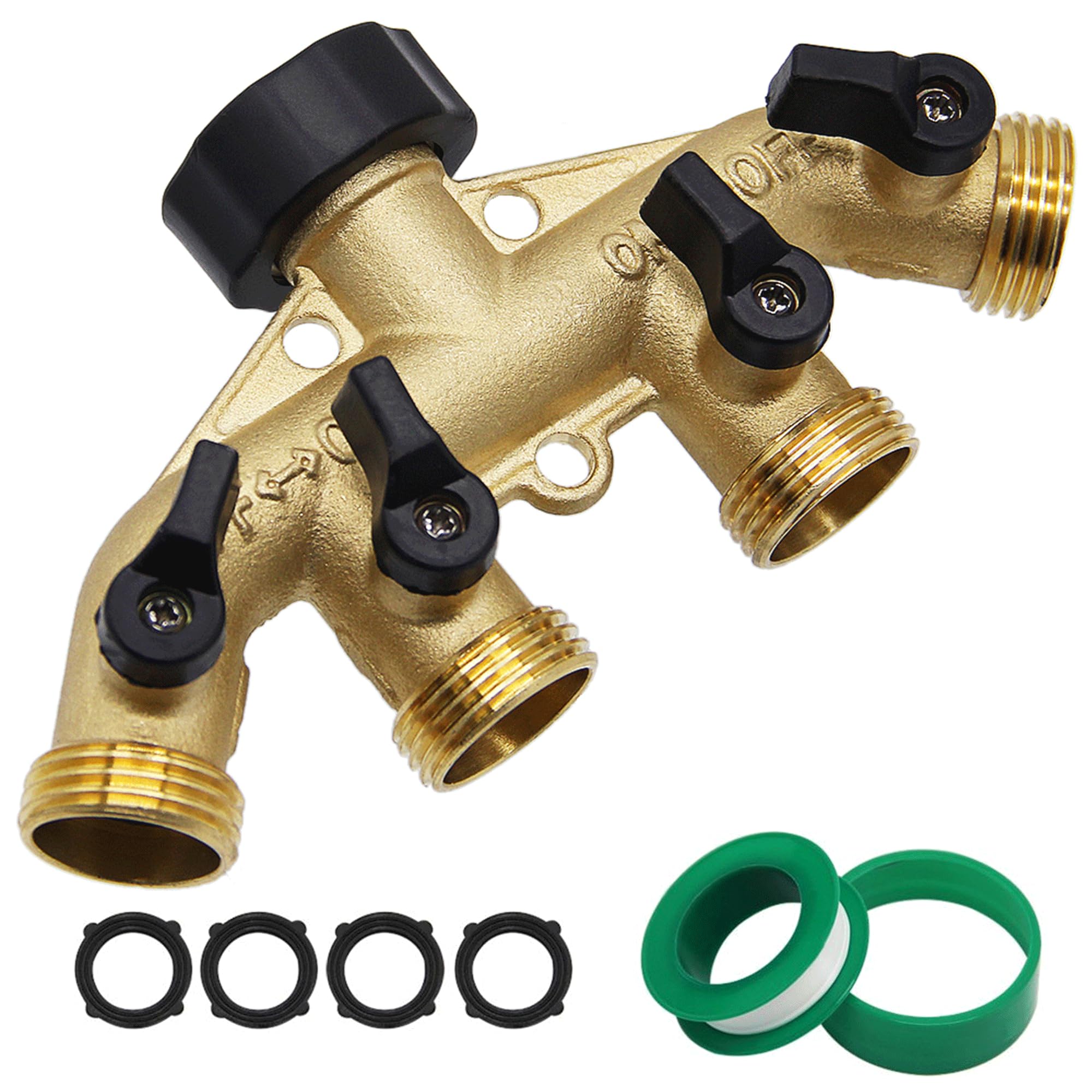4 Way Brass Hose Splitter, 3/4" Brass Hose Faucet Manifold, Garden Hose Adapter Connector
