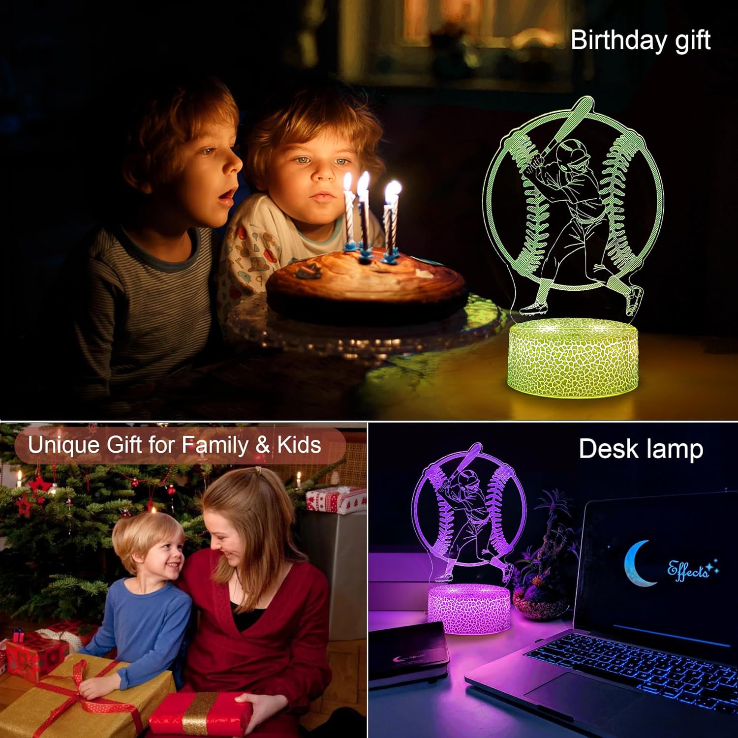 Baseball 3D Night Light,16 Colors Changing with Smart Touch & Remote Control Bedside Decor Lamp Christmas Birthday Gifts for Kids Boys Girls (Baseball Player)