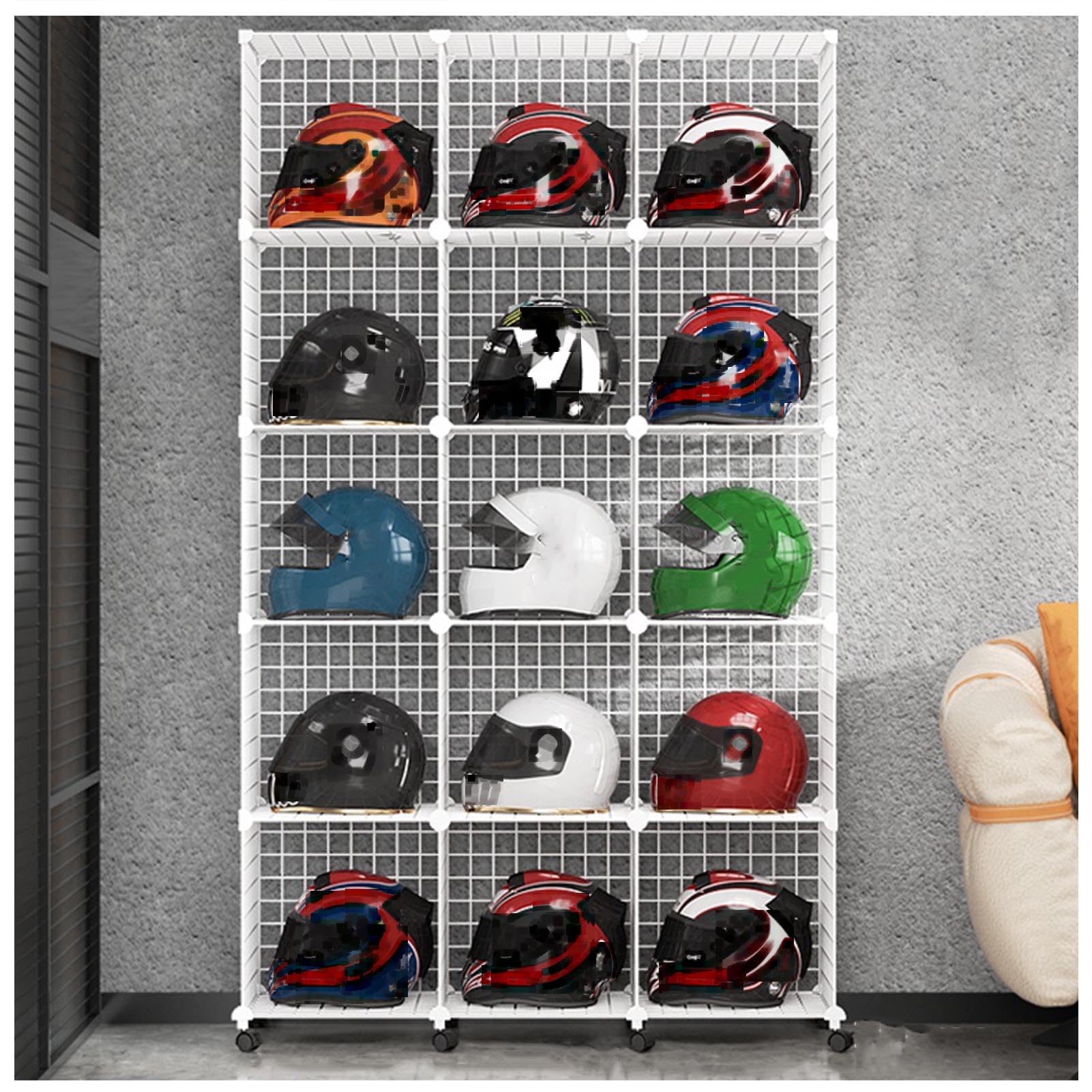 Motorradhelm-Aufbewahrungsregal - Metallhut Organizer für Fußball-, Fahrrad- und Baseballhelme - Großer Hutanhänger für Geschäft, Werkstatt und Garderobe Schwarz, 15 Gitter