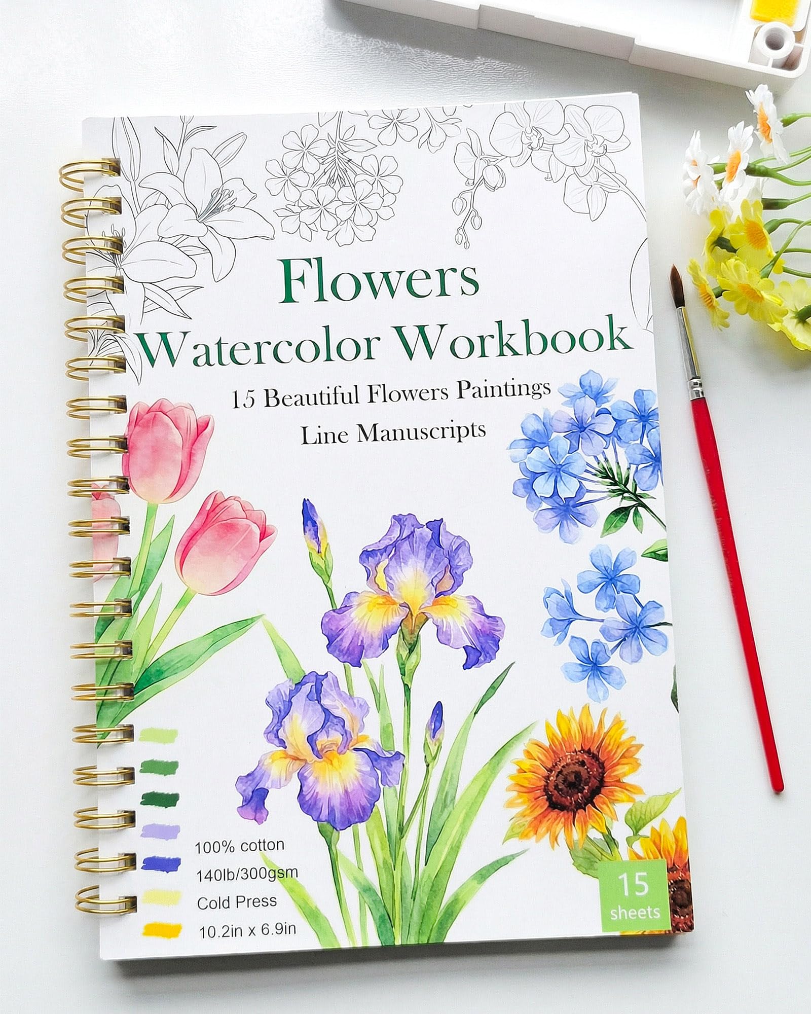 Watercolor Workbook, Water Coloring Book for Adult &Teens Beginners,15 Beautiful Flowers Designs 300gsm Cold Press Cotton Watercolor Paper,Perfect Gifts to Spark Creativity Stress Relief(10.2" x 6.9")
