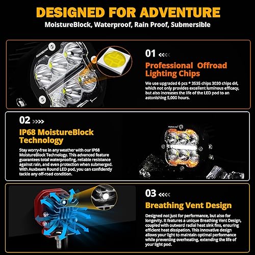 Miniatura 3 de Auxbeam 3 pulgadas 84W LED Pods DRL & Turn Signal X-PRO Series 9600LM Spot Flood Combo Luces de zanja Offroad Foco de conducción ámbar niebla cubo