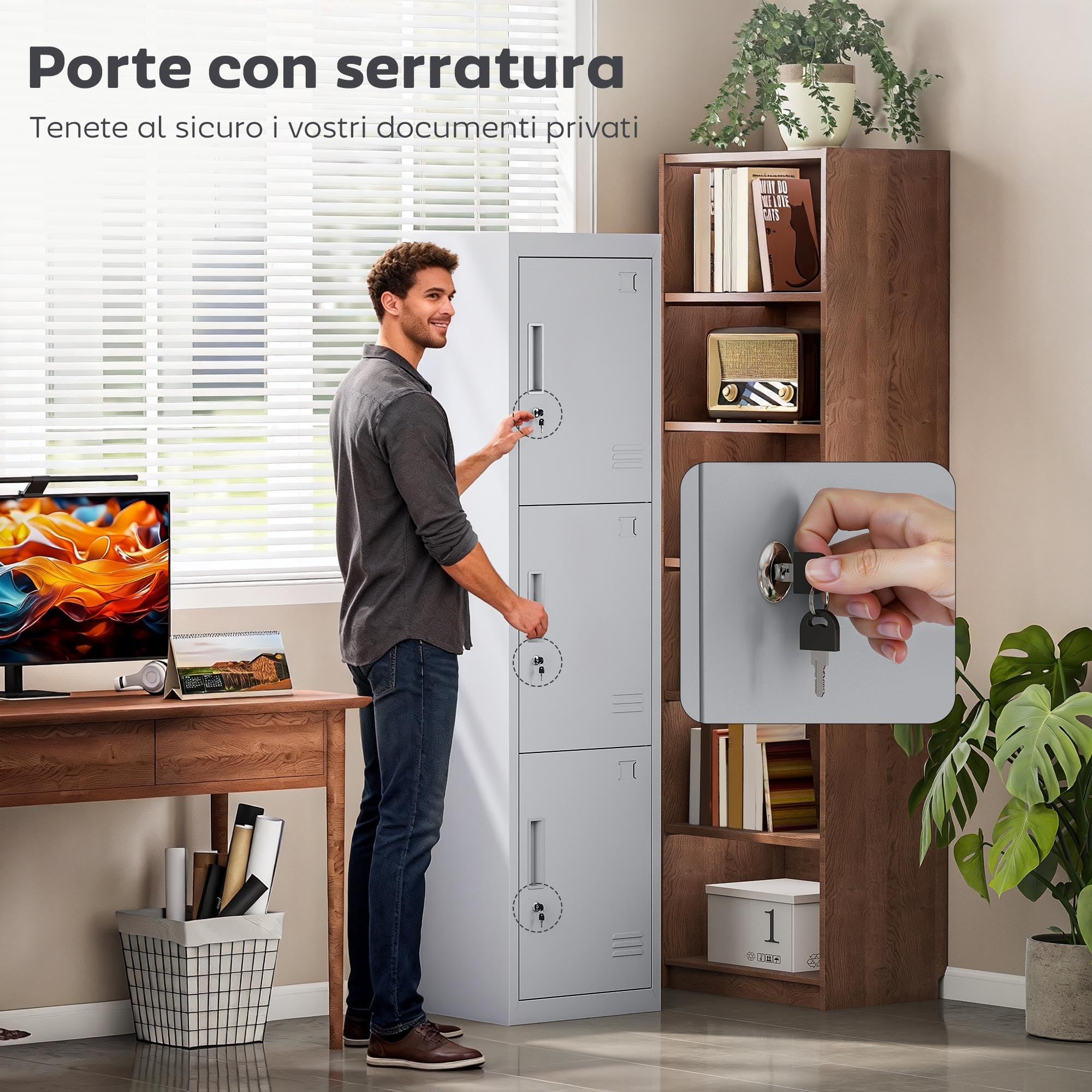HOMCOM Armadietto per Documenti a 3 Ante e 3 Ripiani in Acciaio, Armadio Ufficio con Serratura Chiavi, Fessure di Ventilazione, Mobiletto Multiuso Portadocumenti, per Casa Ufficio, 45x38x180cm, Grigio