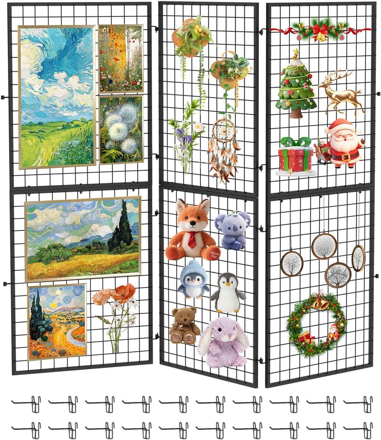 ATOLS 3-Pack Foldable Grid Wall Panels with 20 Hooks - 60" H x 76" W Heavy Duty Wire Grid Display Rack, Portable Z-Unit for Commercial Retail Store, Vendor Booth & Trade Shows