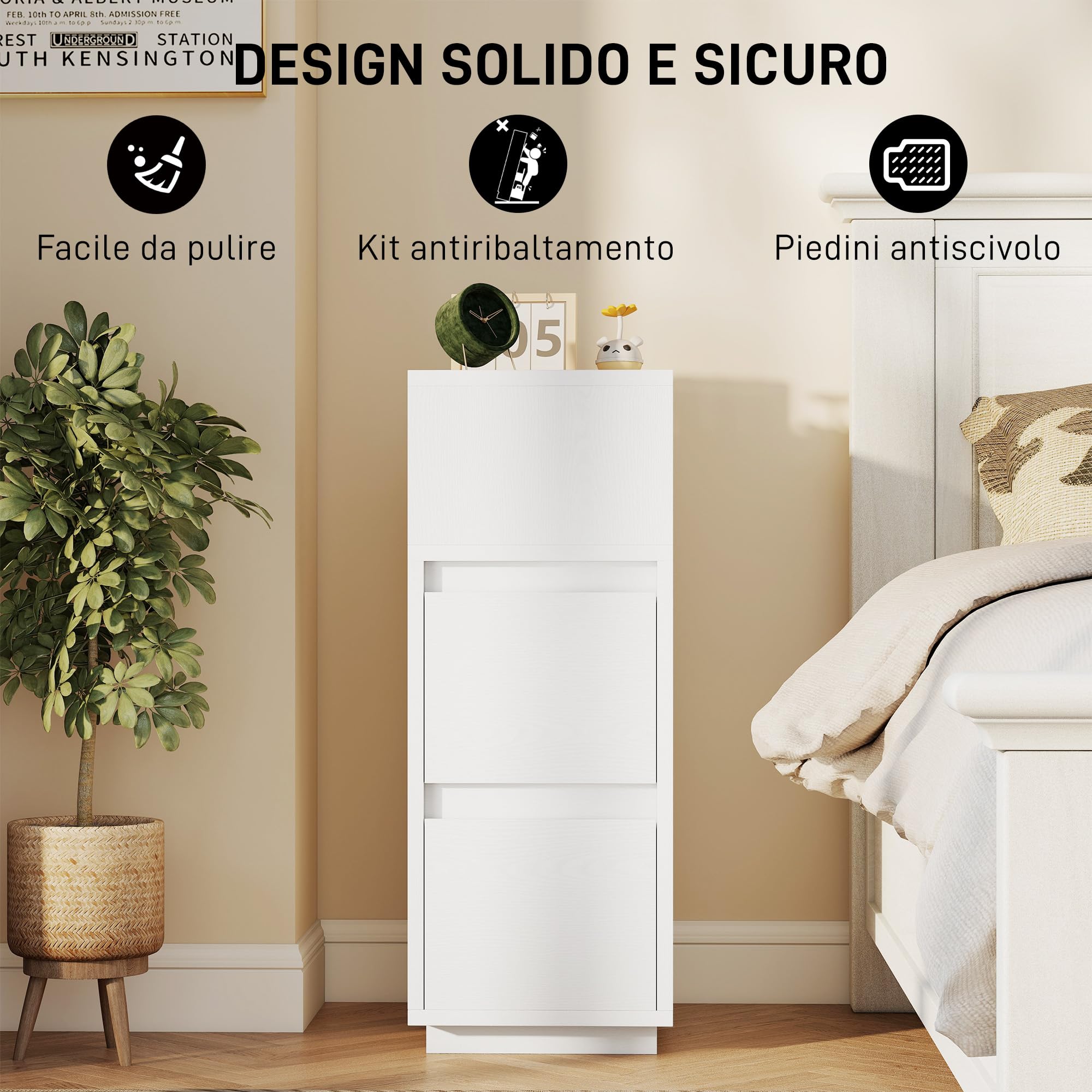HOMCOM Set di 2 Comodini Camera da Letto Stretti e Alti 25x30x65 cm Bianco | Con 2 Cassetti e Ripiano Aperto, Comodini Moderni Salvaspazio, Tavolini per Divano, Soggiorno, Salotto e Camera