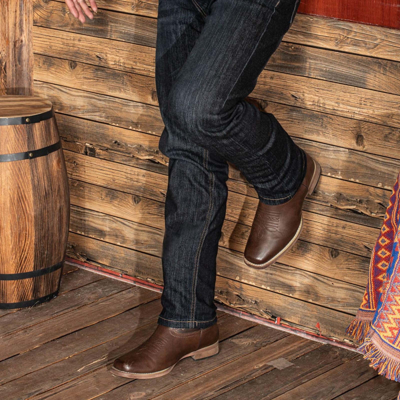 J's.o.l.e Stivali da cowboy da uomo, stile western, punta quadrata, retrò, ricamati, senza lacci, larghi, per equitazione, campagna, lavoro, marrone