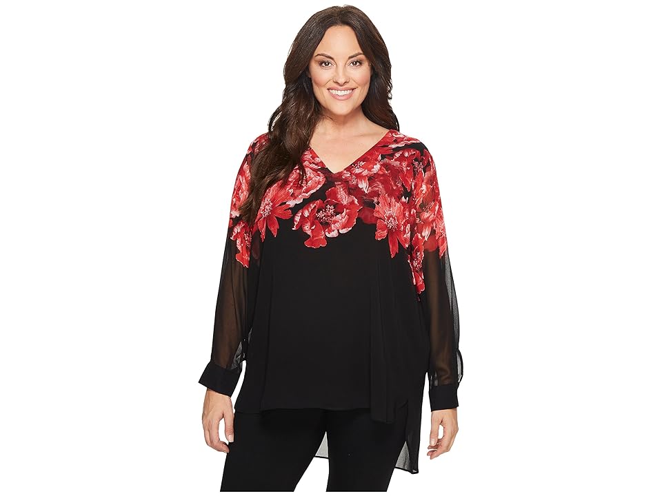 

Calvin Klein Plus Plus Size High-Low V-Neck Blouse (Black/Rouge 2) Women's Blouse