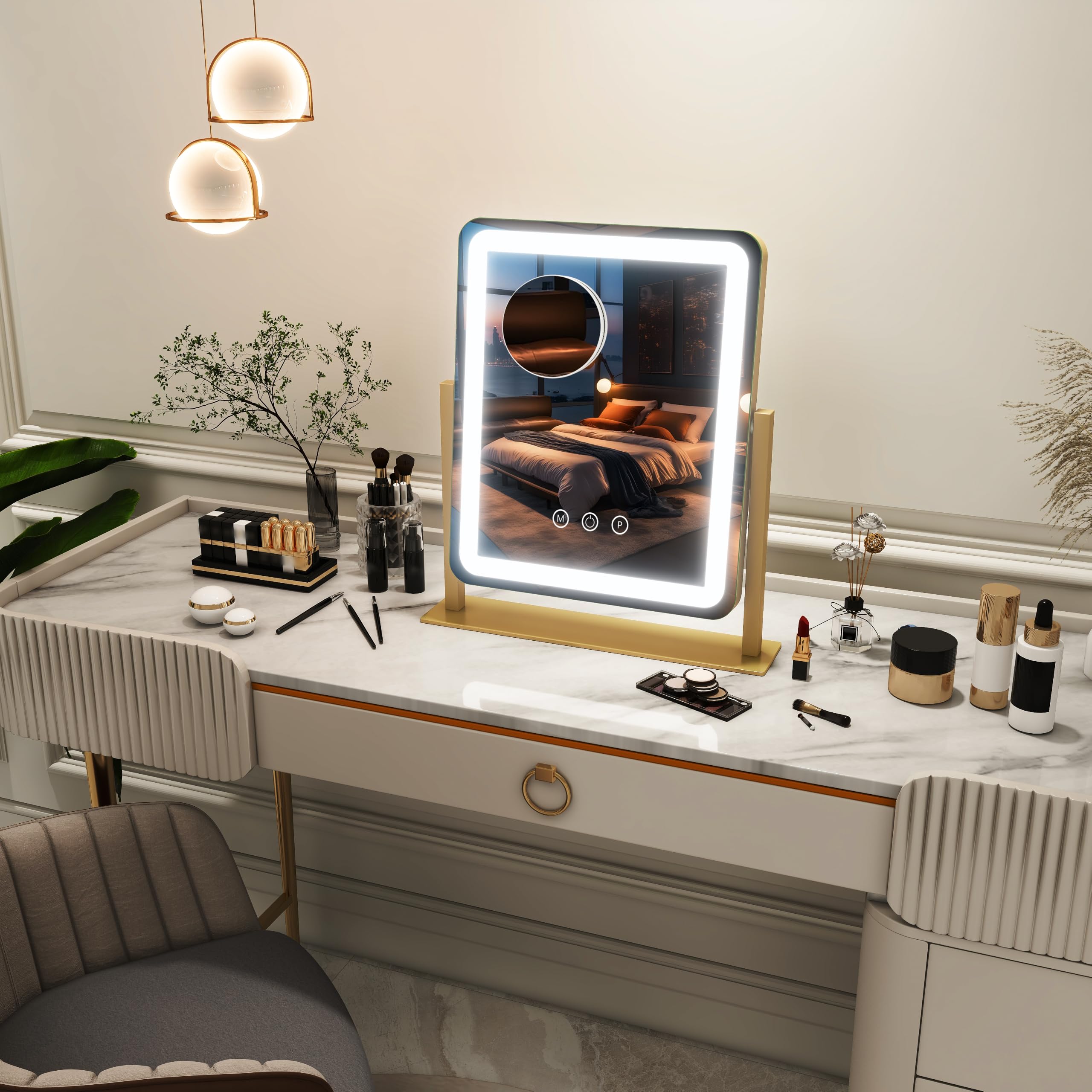 FENNIO Miroir de courtoisie avec lumières – 38,1 x 32 cm, grand miroir de maquillage avec lumières LED, écran tactile avec éclairage 3 couleurs, intensité variable, pour coiffeuse, bureau, chambre à