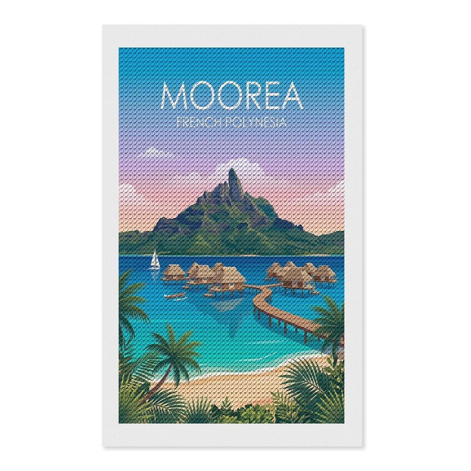 Junmoney Moorea French Polynesia Diamond Art Canvas 12"x20", for Adults, Good for Quiet Evenings, Bedroom Decor, Festive Craft Gift, Easy to Enjoy