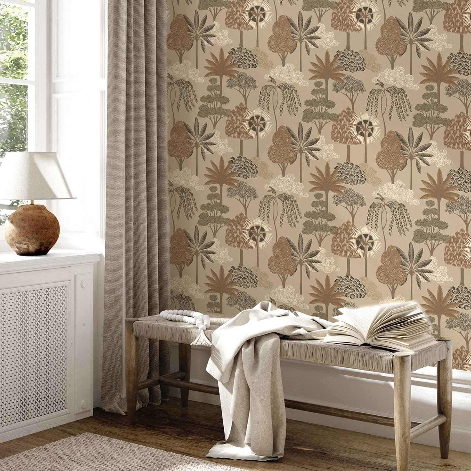 Sophie Laurence Beige Gold Beige Floral Wallpaper Botanical Forest Trees And Leaves Design With Gold Metallic Detail Luxury Nature-Inspired Feature Wall For Living Room, Bedroom, Or Lounge Decor 10M X 0.53M