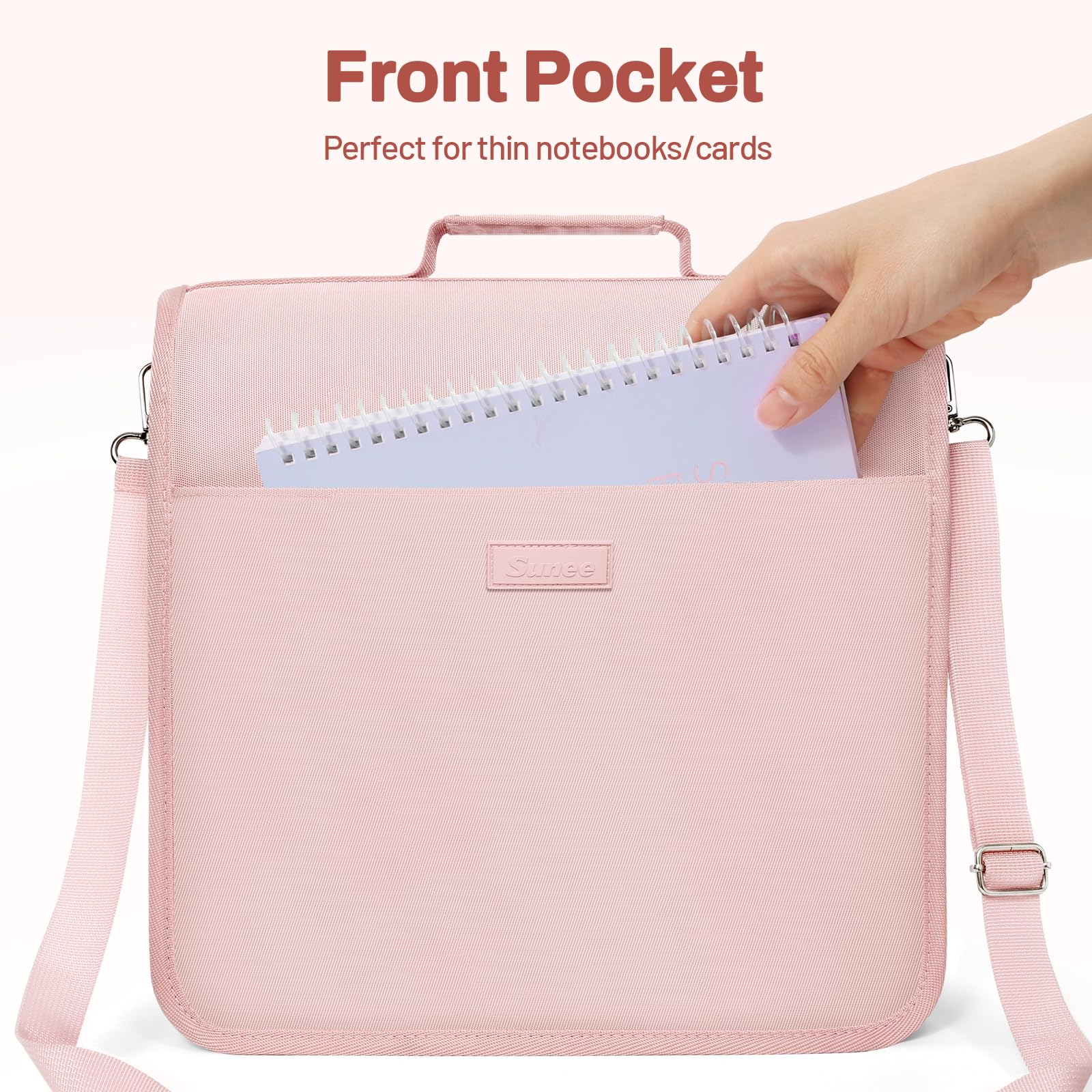 SUNEE Raccoglitore con cerniera a 3 anelli, anello a O da 7,6 cm, con manico e tracolla, capacità 600 fogli, multi-tasche per organizer per scuola media con cerniera, rosa loto