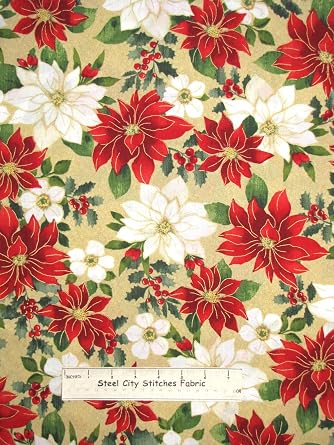 FlashPhoenix Quality Sewing Fabric Christmas Poinsettia Holly 100% Cotton Fabric #38929M-1 Holiday Elegance 36x44 Inch by The Yard