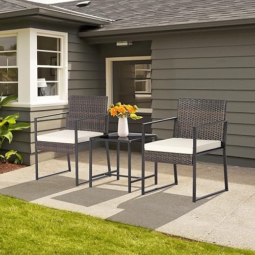 Miniatura 4 de COSTWAY Juego de 3 piezas de patio bistró, sofá de ratán para exteriores con mesa auxiliar, 2 cojines, juego de conversación de mimbre para jardín,