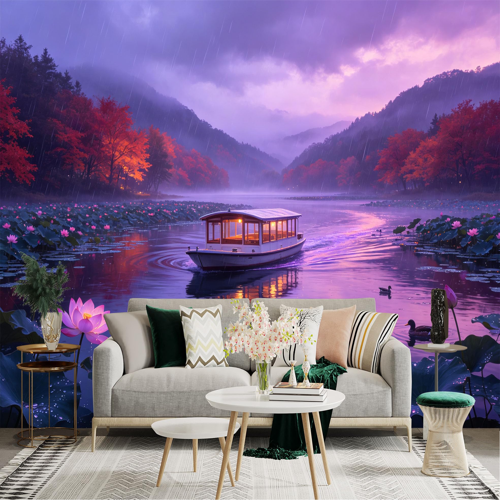 Custom Size Wall Sticker Mural， Rainy Lake with Lotus Flowers， Floating Boat， Misty Mountains and Red Autumn Trees， for wall Decoration， peelandstick wall Decals.