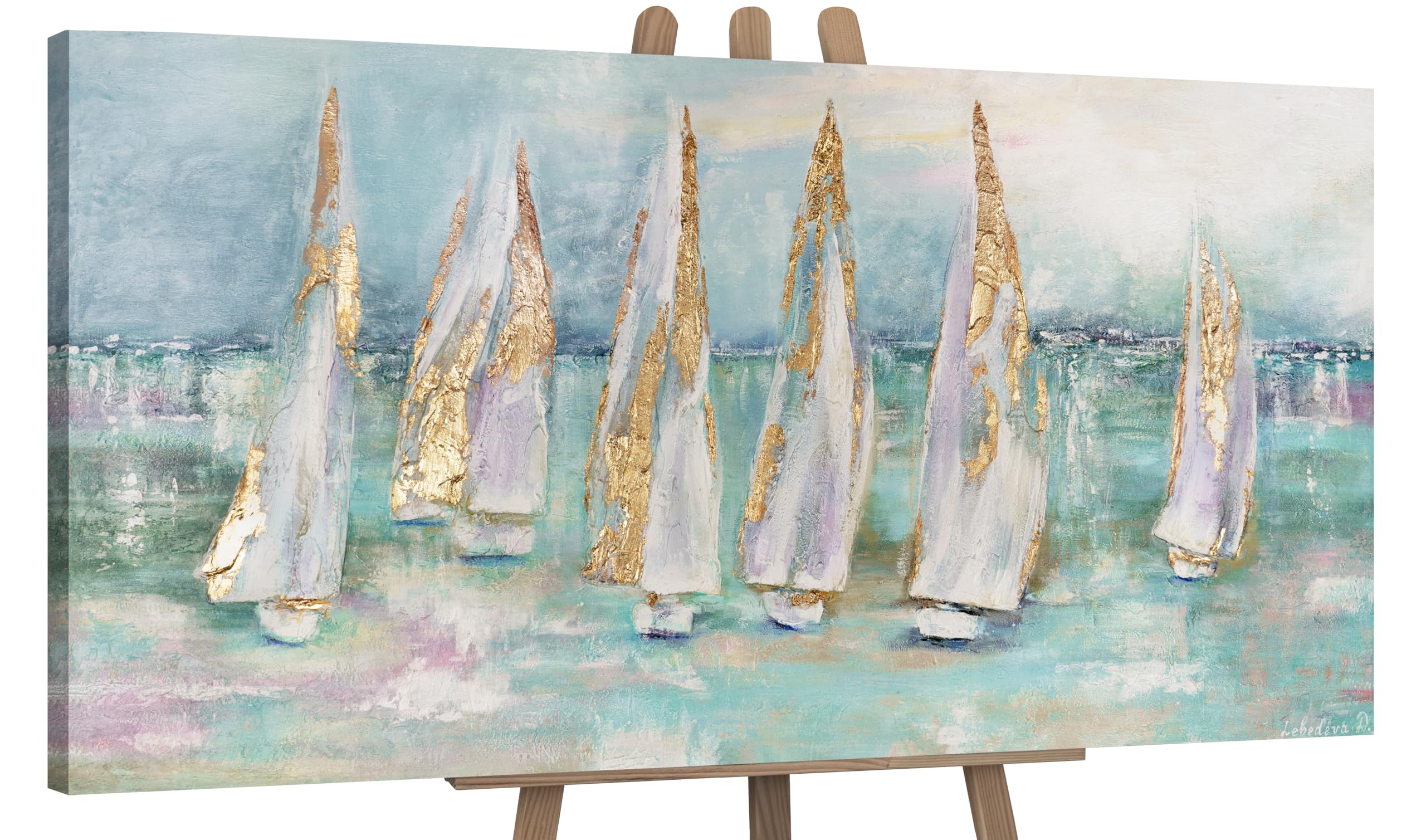 YS-Art Bellissimo murales per il Soggiorno barche a vela paesaggio marino in blu con oro moderno arredamento casa Immagini arte moderna 200x100 cm