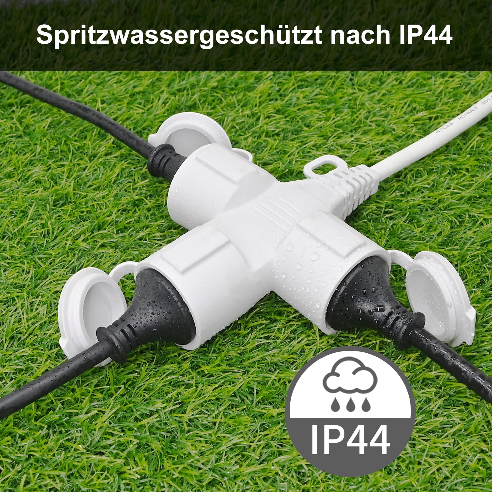 XUANSHI Cable alargador exterior de 7 m con 3 enchufes Schuko, 3 alargadores, IP44 para exteriores, cable de goma exterior de 1,5 mm², distribuidor de 3 compartimentos con tapa protectora, 3500 W