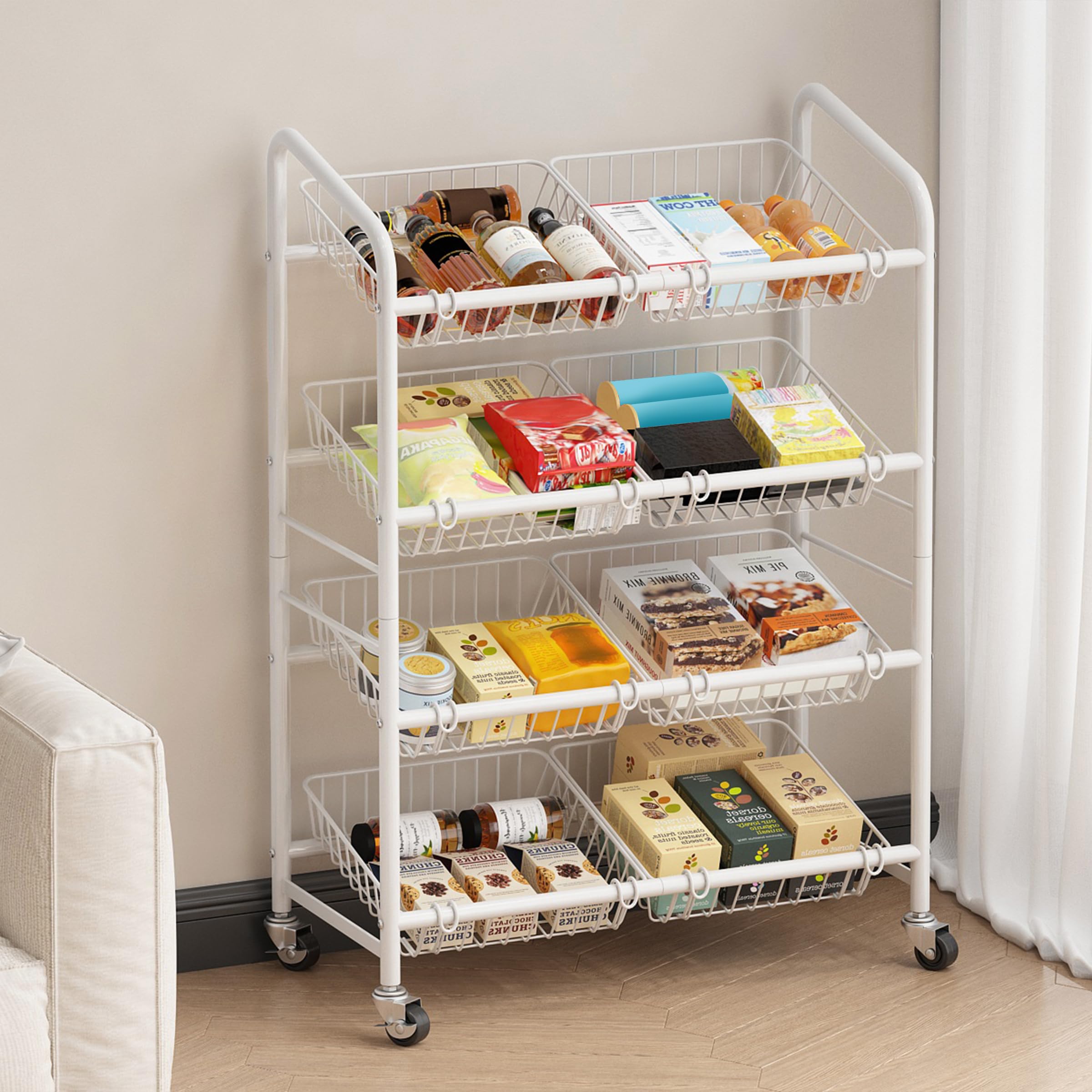 Chariot de Cuisine à 4 niveaux, Blanc | 8 Paniers, Avec Poignée, 65 cm W, En Métal avec Roulettes