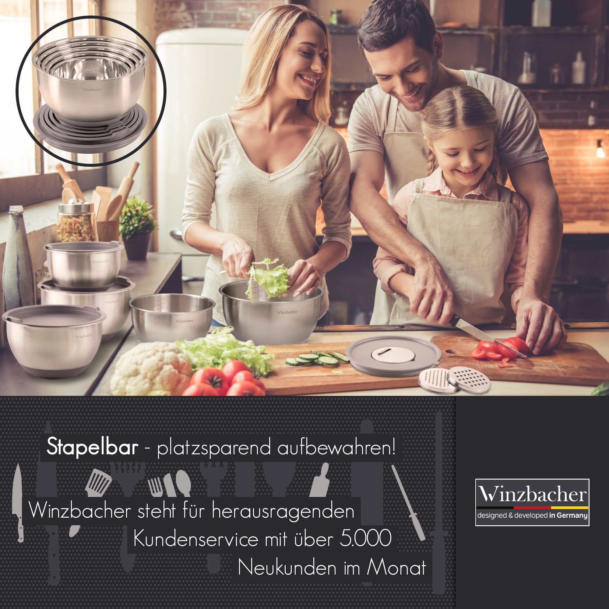 Winzbacher - Schüssel Set aus 304 Edelstahl mit Deckel [5er Set] 1l + 1.5l + 2.5l + 3.5l + 4.5l | Rührschüssel, Salatschüssel | Servierschüssel | rutschfest | stapelbar | inkl. Reibe