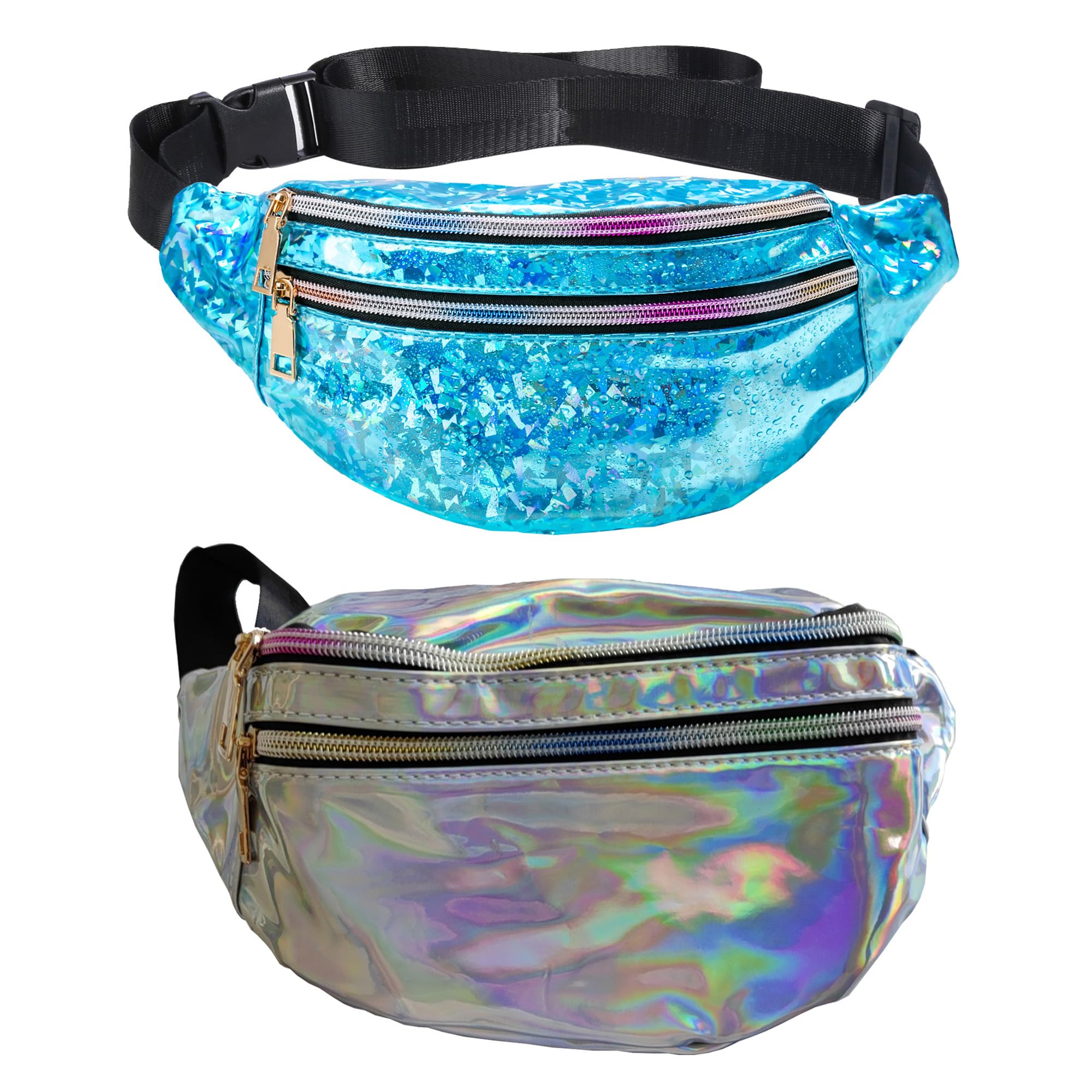Photo 1 of 2 Pieces Holographic Fanny Packs Waterproof Color Sport Waist Pack with Adjustable Belt for Rave Party Festival Travel