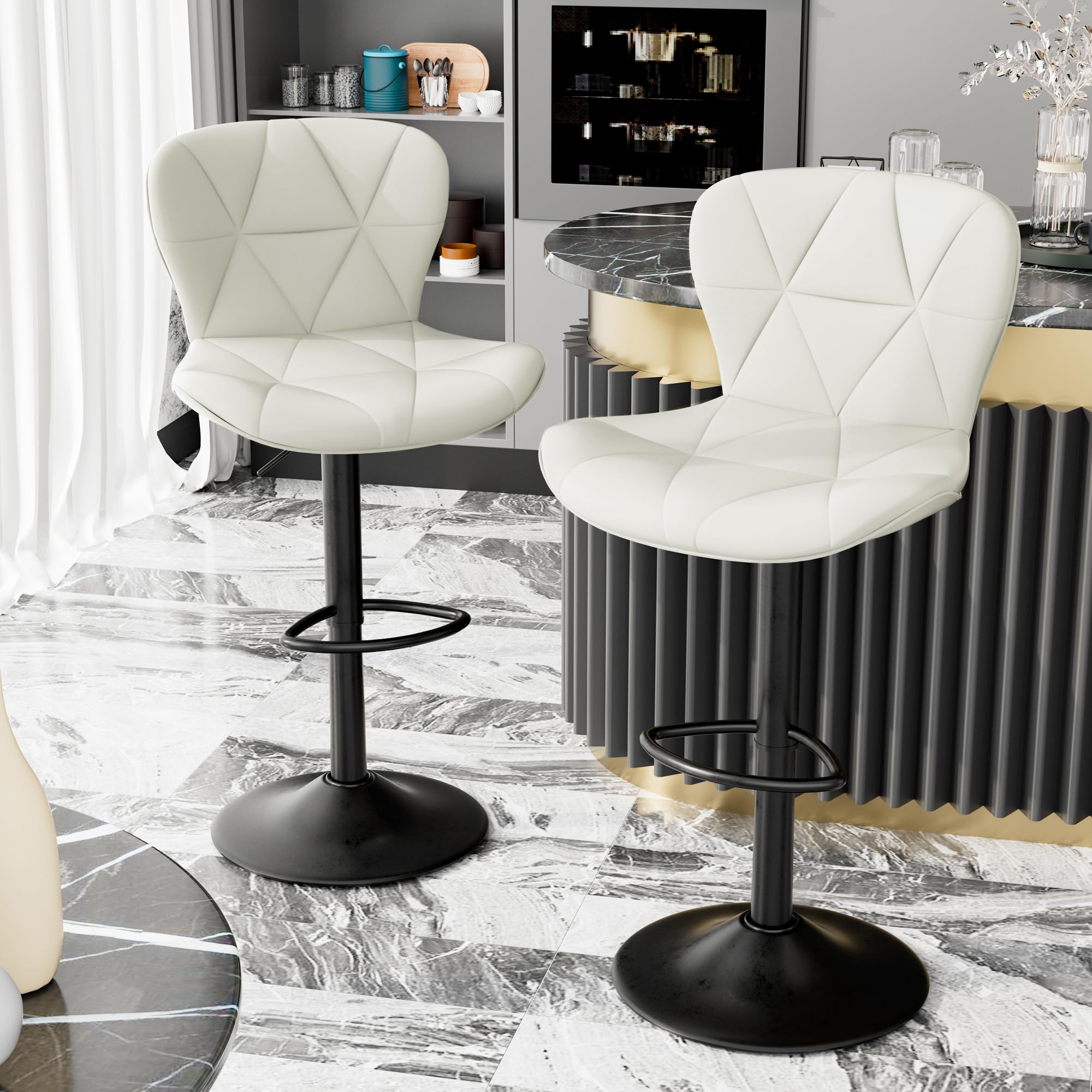 Nebuaegis Bar Stools Set of 2, Modern Faux Leather Adjustable Swivel Barstools, Counter Height Chairs with Back and Footrest for Kitchen Island, White