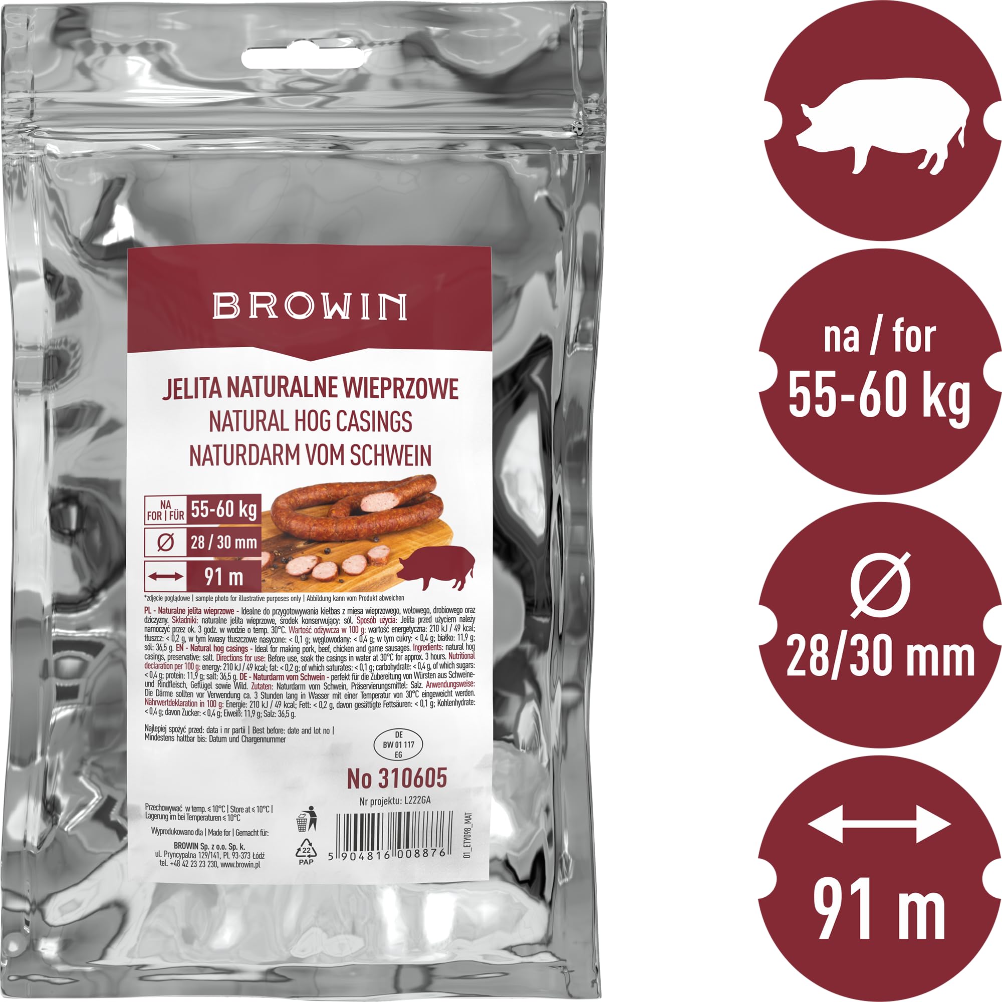 BROWIN® Schweinedarm 310605 | Premium Naturdarm für hausgemachte Würstchen, Wacholderwurst, Weißwurst, Bratwurst | Kaliber 28/30, 91 Meter | 55 bis 60 kg Fleisch