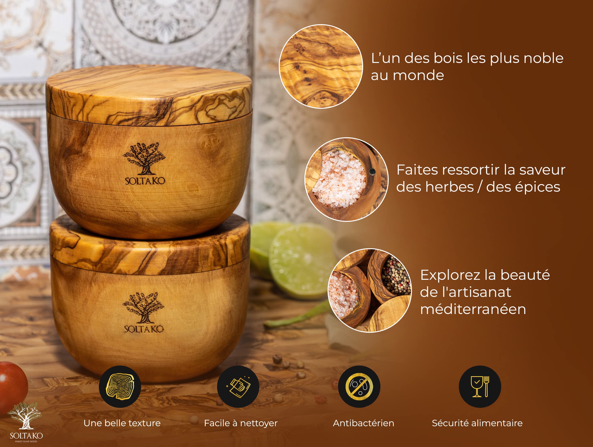 SOLTAKO Boite à Épices avec Cuillères en Bois d'Olivier, Sucrier et Salière, Set de 2 Boites Rangement Cuisine, Pot D'assaisonnement, Pot à Épices Ø 10 cm