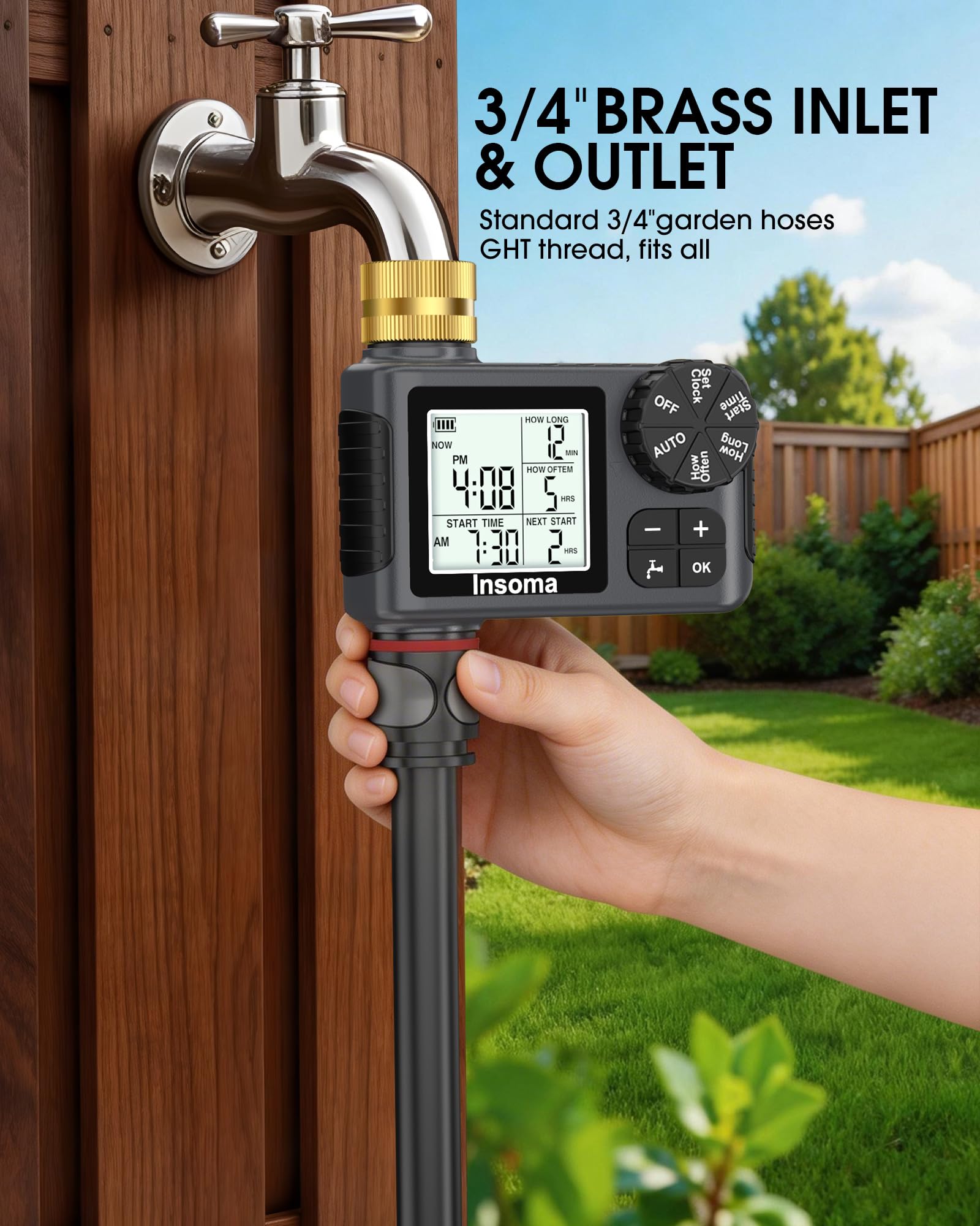 Timer irrigatore con ingresso e uscita in ottone, timer per acqua per tubo da giardino con modalità auto/manuale/ritardo pioggia, facile installazione timer per prato, giardino, irrigazione vacanze, 1