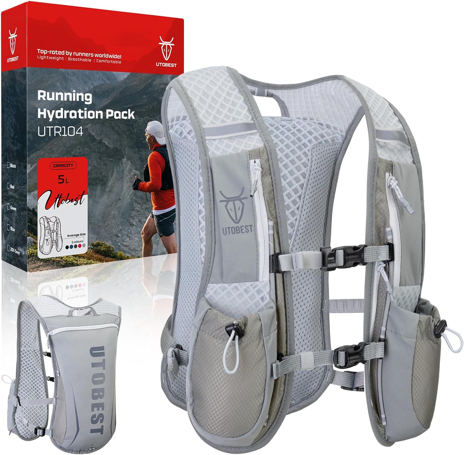 UTOBEST Running Vest, 5 L Hydration Vest Lightweight, Breathable and Sweatproof Running Backpack