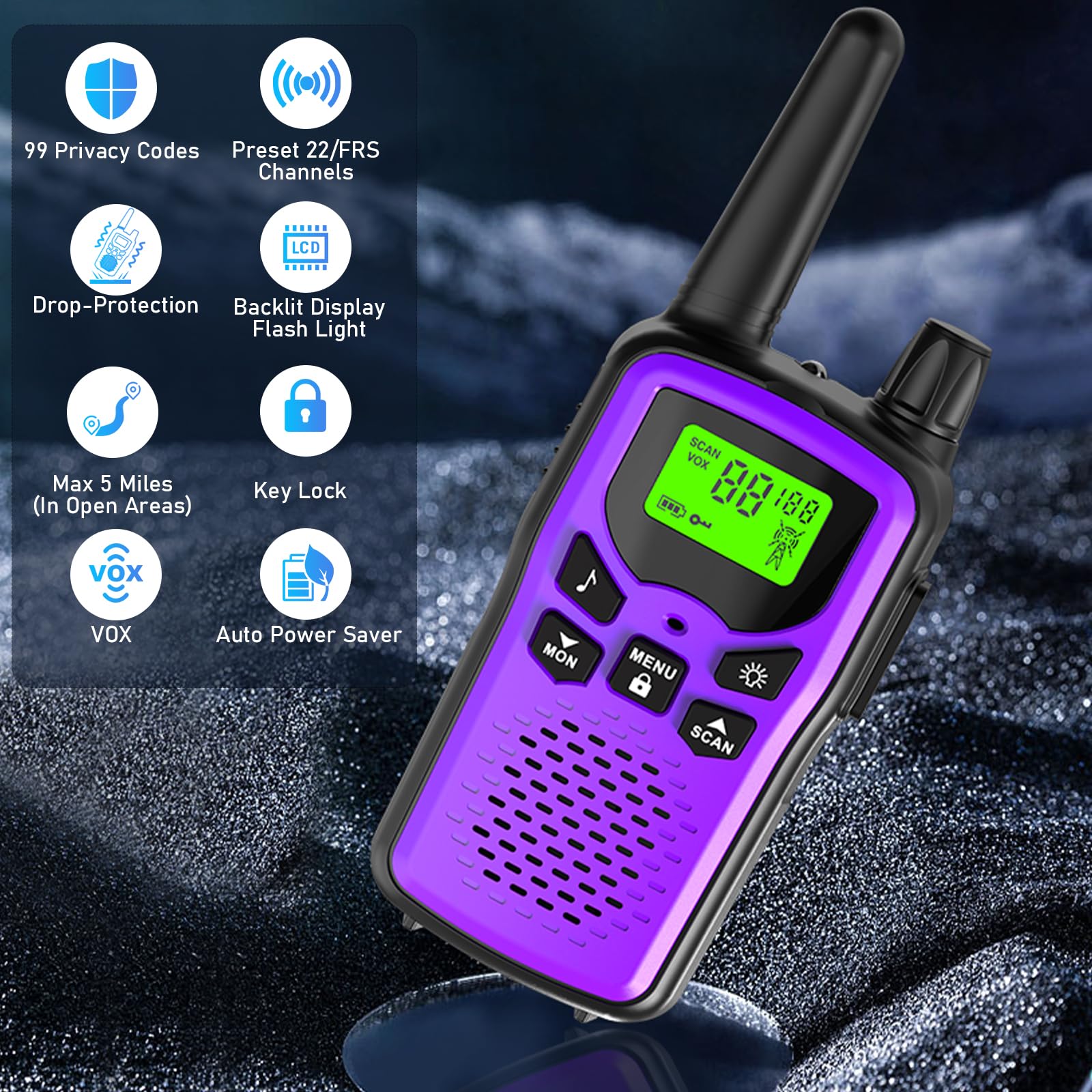 Walkie Talkies for Adults Long Range,Kartal Rechargeable Walkie Talkies with 22 FRS Channels,Two Way Radios with LED Flashlight for Hiking Cruises Camping (Purple)