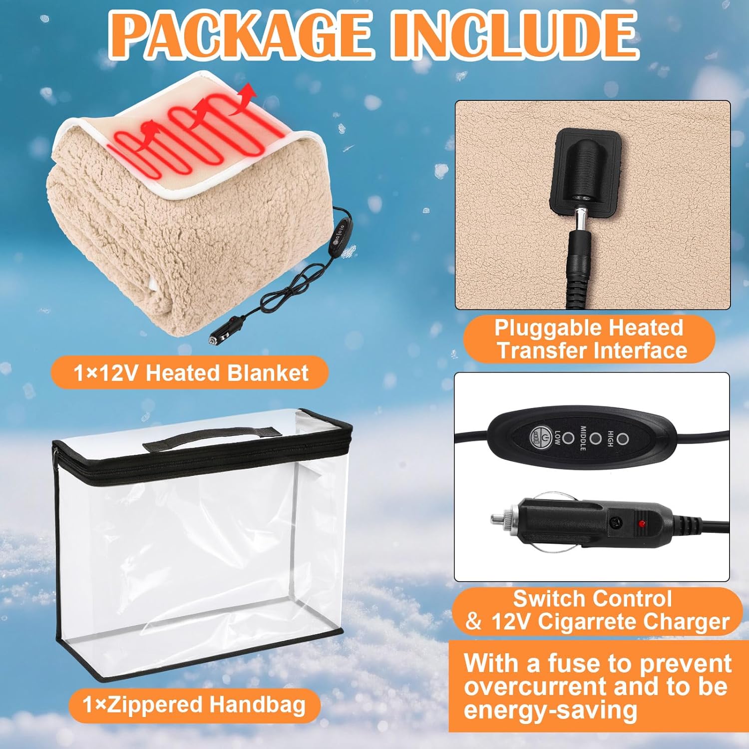 Riakrum 12V Heated Car Blanket for Extreme Cold, 58" x 43" Power Electric Khaki Blanket with 3 Heat Levels, Adjustable Temperature, Portable Truck SUV RV Winter Snow Travel, Cigarette Lighter Power - Image 3