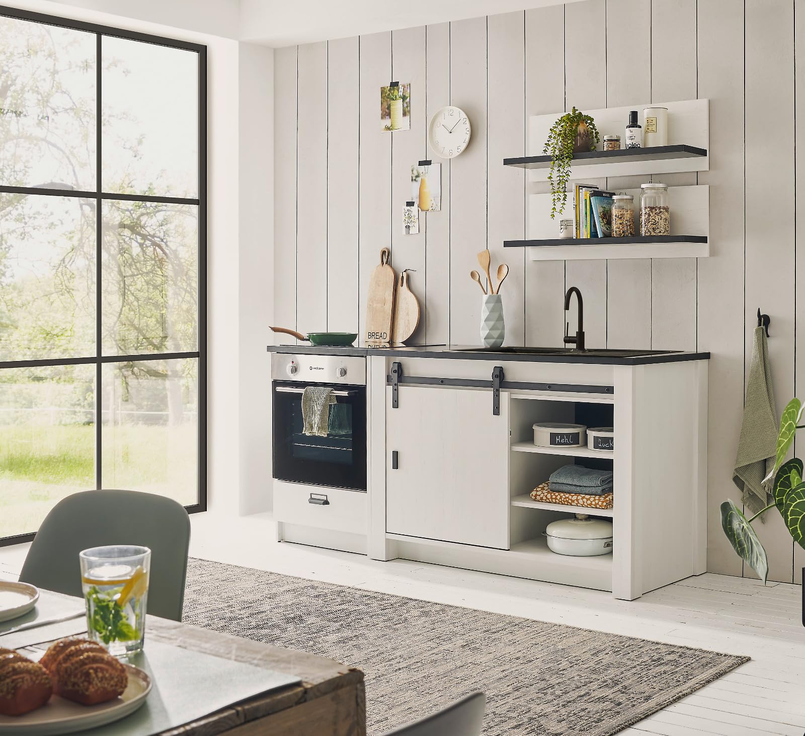 Küche Küchenzeile weiß Pinie und grau/anthrazit 200 cm Küchenschrank Set 4-teilig Singleküche Stove (Set 1)