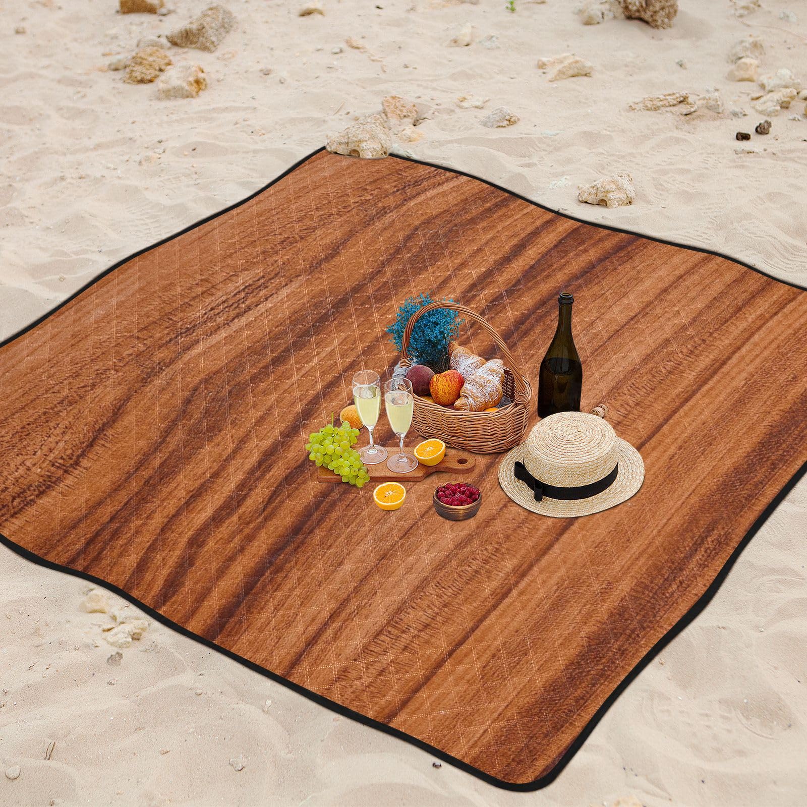 Alfombra de picnic impermeable de grano de madera marrón, portátil, para senderismo, al aire libre, para conciertos familiares, manta de picnic