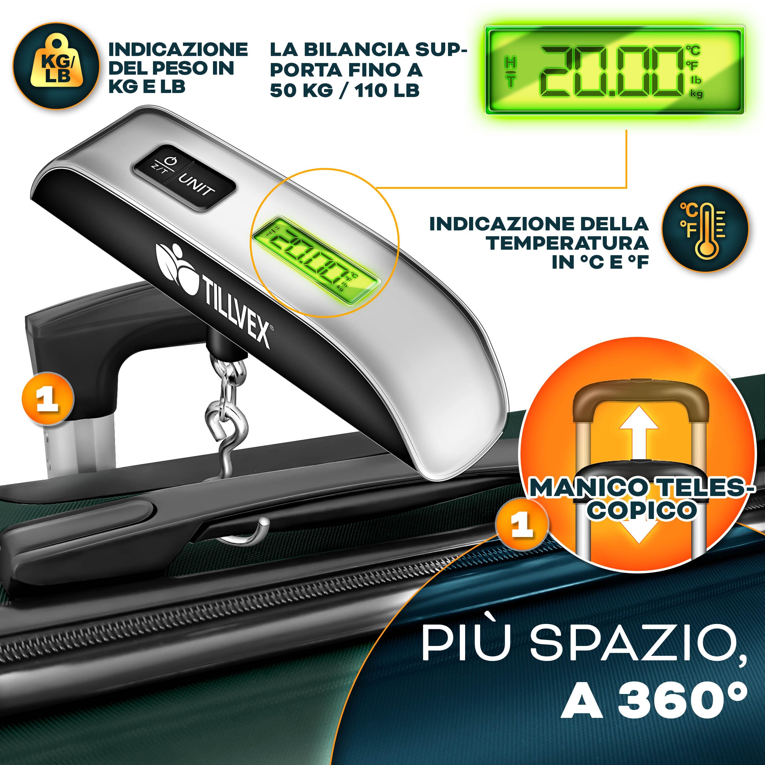 tillvex® Set di 3 valigie da viaggio + bilancia per bagagli, 3 cinghie per valigie e 3 etichette per bagagli, set da 4 ruote, trolley valigia TSA, serratura rigida M-L-XL, verde militare