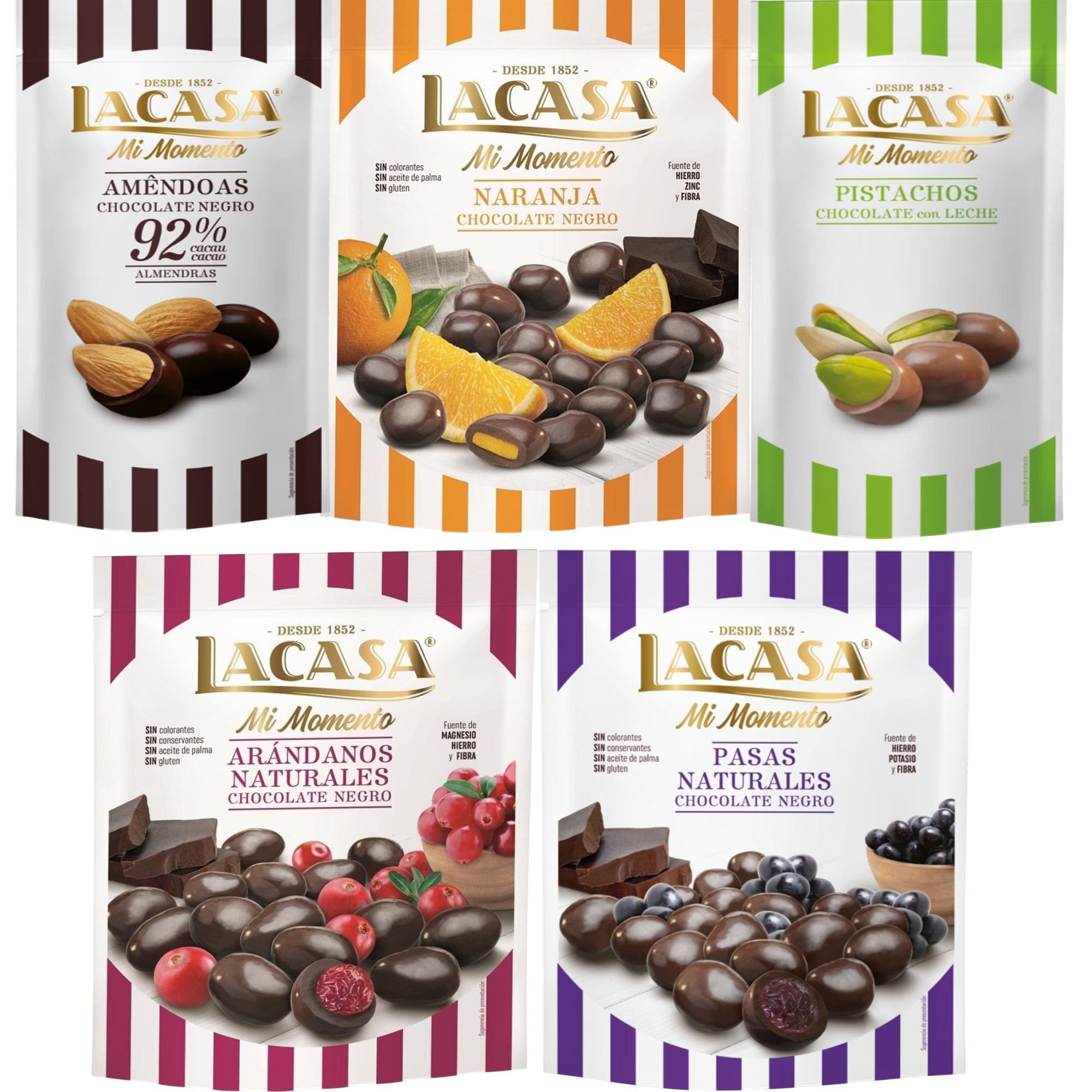Lacasa Mi Momento pack de 5:Pistacho Chocolate Leche,Almendra 85%,Arándano Chocolate Negro,Pasas Chocolate Negro,Naranja Chocolate Negro
