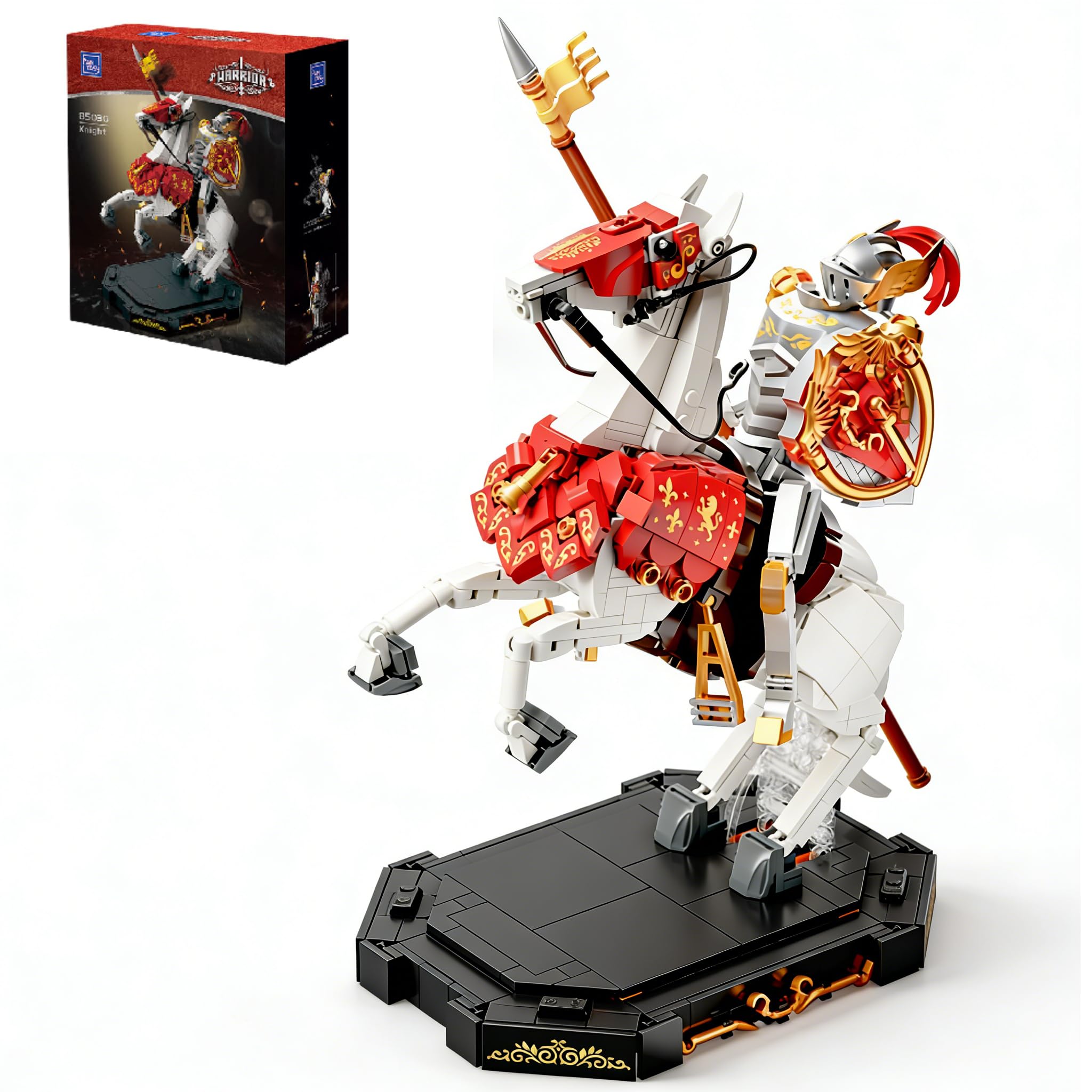 PAN TASY Medieval Knight Building Block Set, 31cm Collectible Model with Armored Warhorse, Articulated Joints & Interchangeable Weapons Display Kit for Adults
