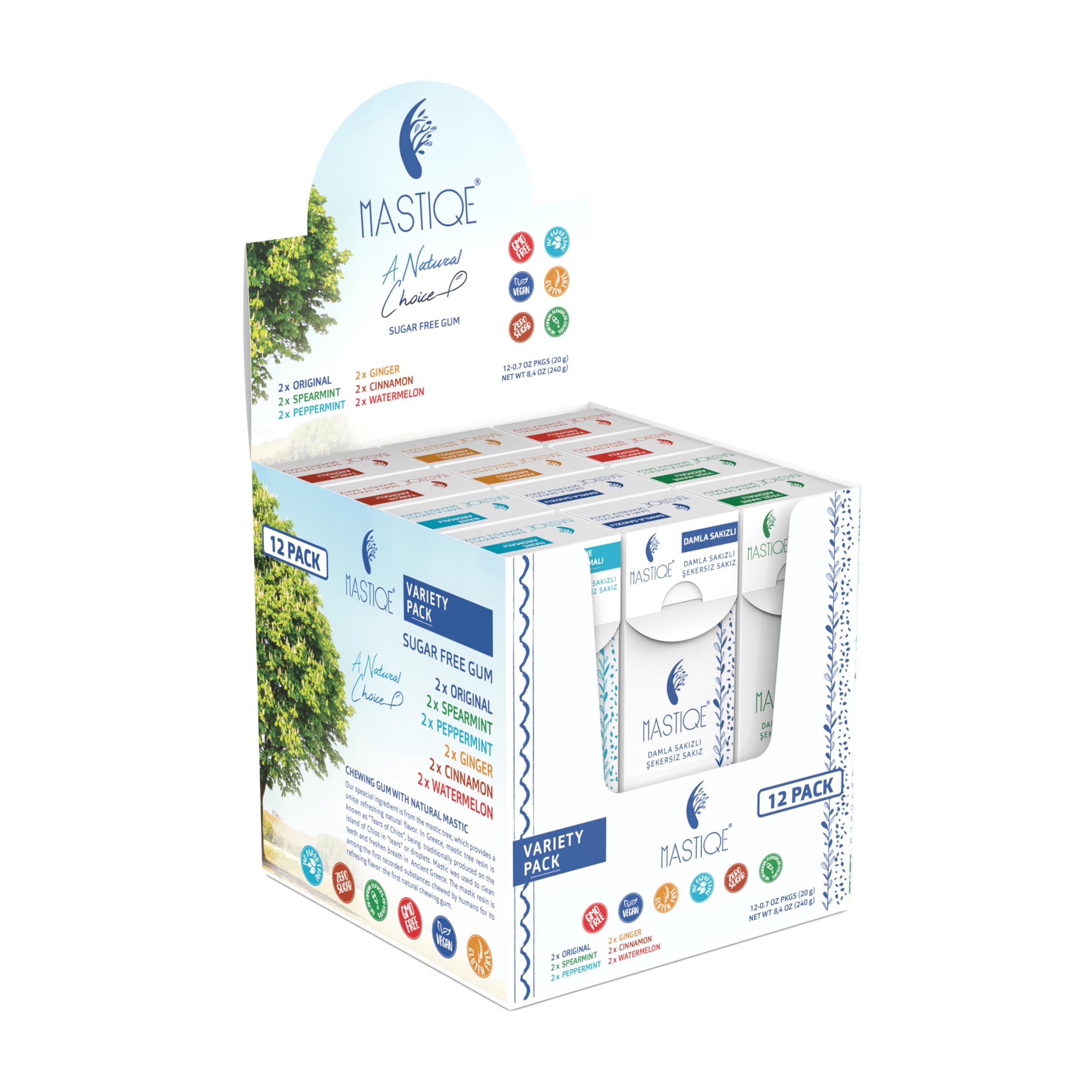 Mastiqe Sugar-Free Gum with Natural Mastic | BHT Free, Aspartame Free, Vegan, Non-GMO, Naturally Sweetened with Xylitol | 12 Pack, 130 pieces (Variety Pack - 6 Flavors x 2)