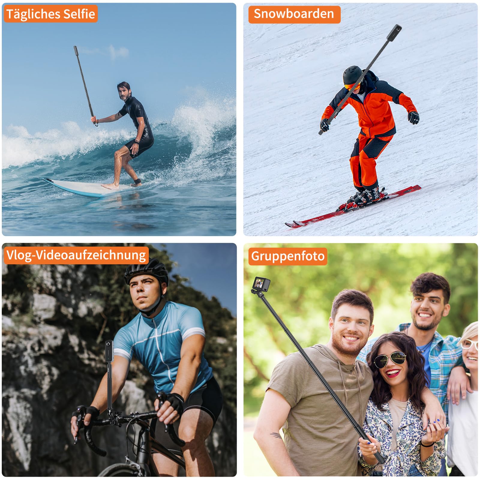 VRIG 131 cm Unsichtbarer Selfie-Stick für Insta 360 X5/ X4 Air/ X4/ X3/ DJI Osmo 360, 7-Stange Verlängerungsstange mit Gopro-Adapter Kompatibel mit Mission 1 Pro, Hero 13, Action-kameras