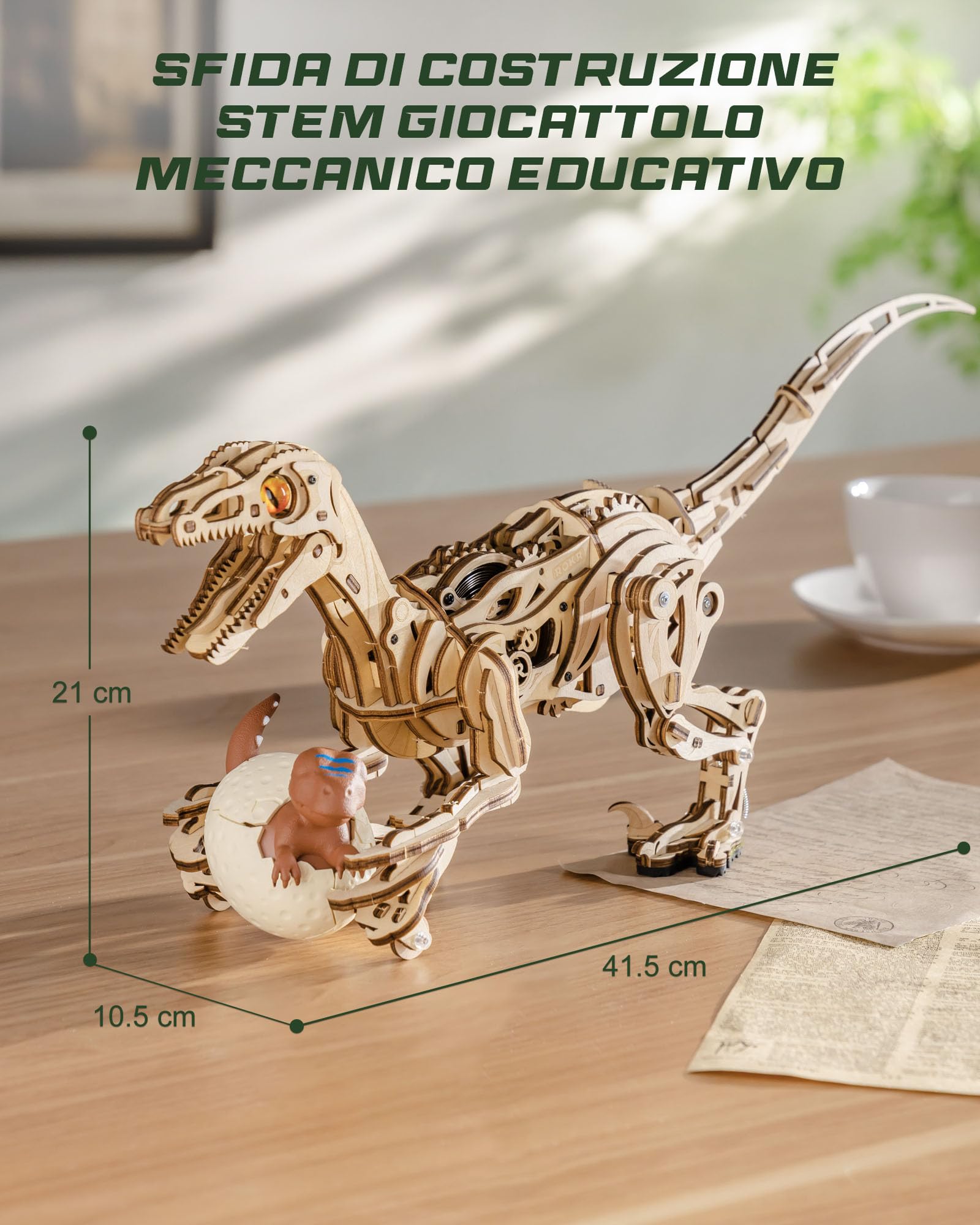 ROKR Puzzle 3D Legno Giocattoli a forma di dinosauro, Modellismo da Costruire Adulti Velociraptor, Puzzle 3D a Forma di Animale che Cammina, Regalo per Bambini e Adulti, Velociraptor, LD01