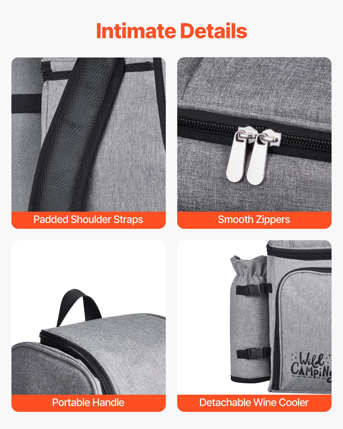 VEVOR Sac à Dos Isotherme pour 4 Personnes, Sac à Dos de Pique-Nique Randonnée Camping, avec Compartiment Isotherme, Porte-Bouteille Amovible, Couverture Légère et Kit Assiettes et Couverts, Gris