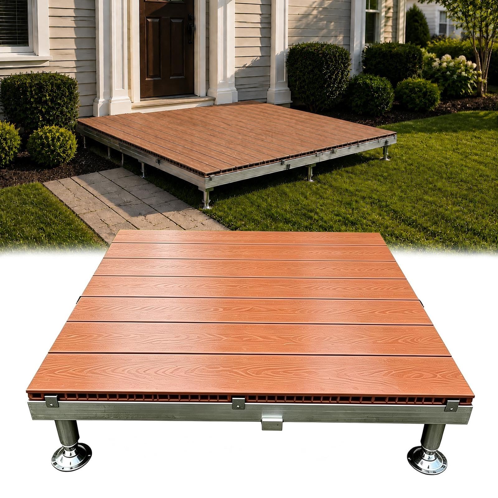 Piattaforma rialzata in legno composito impermeabile fai-da-te per patio | Portatile da giardino resistente, Modulare regolabile ad incastro per esterni per giardino, prato(Reddish brown,100cm/39.4in)